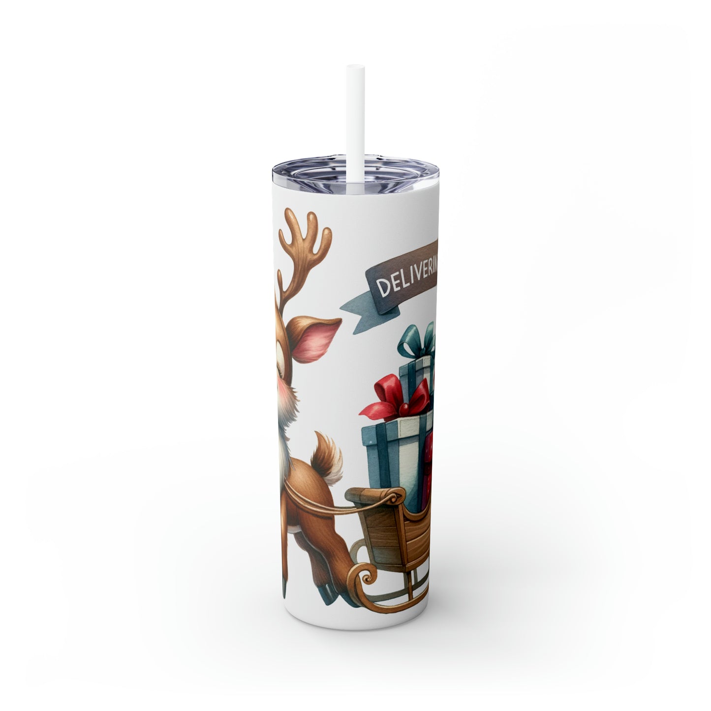 Skinny Tumbler with Straw, 20oz, Reindeer Sleigh