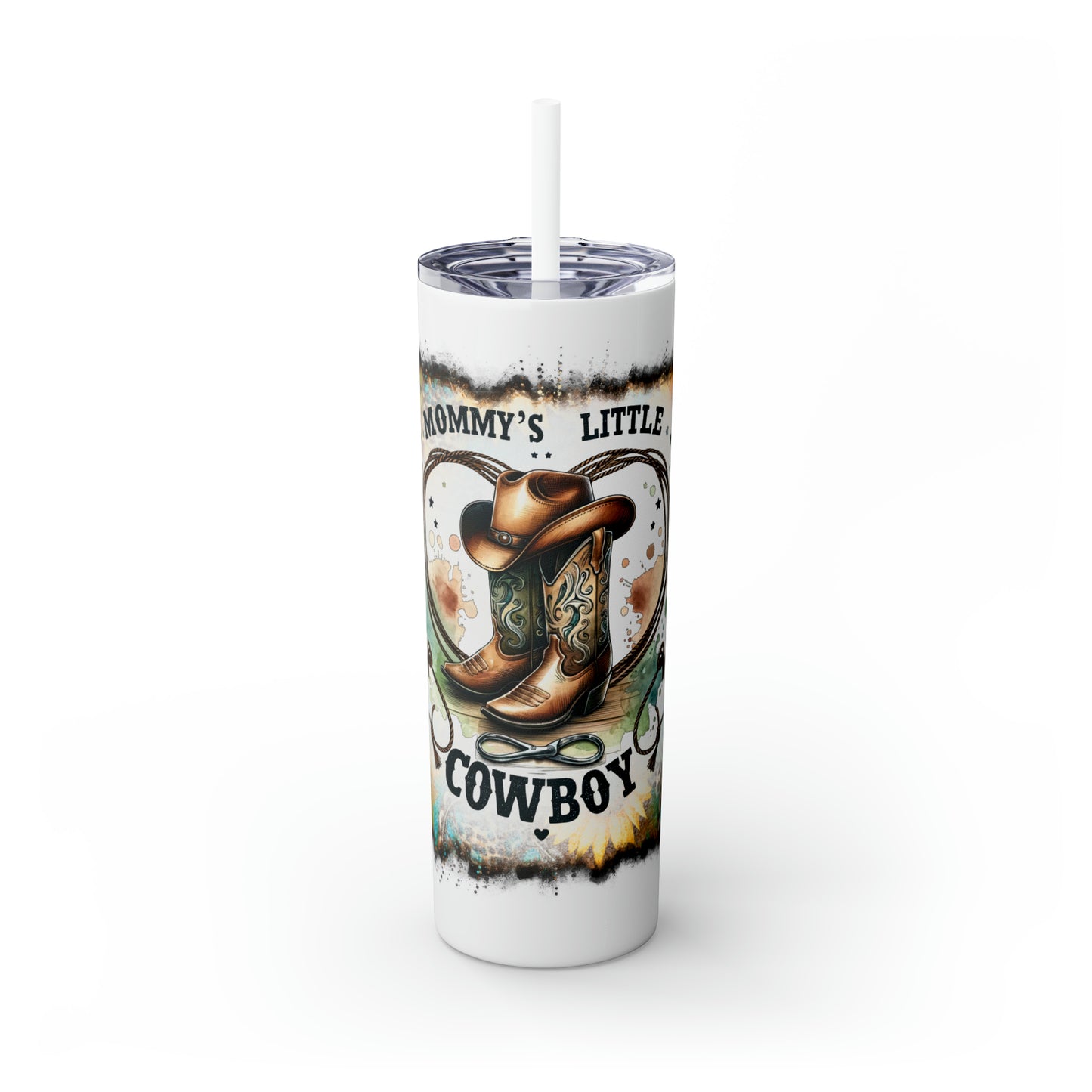 Skinny Tumbler with Straw, 20oz, Sunflowers, Western, Quote, Mommy's Little Cowboy