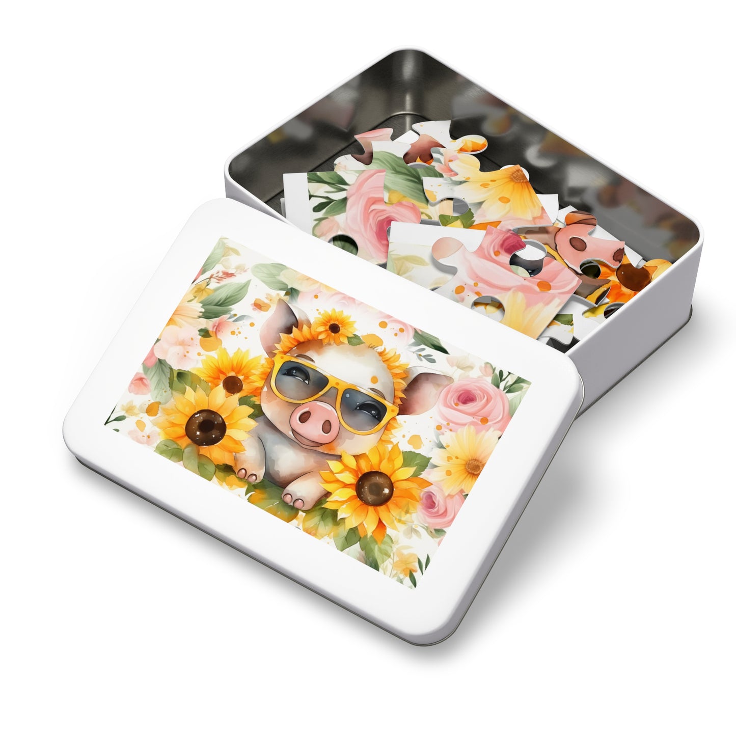 Puzzle, Pig, Sunflowers, Personalised/Non-Personalised (30, 110, 252, 500,1000-Piece) awd-657