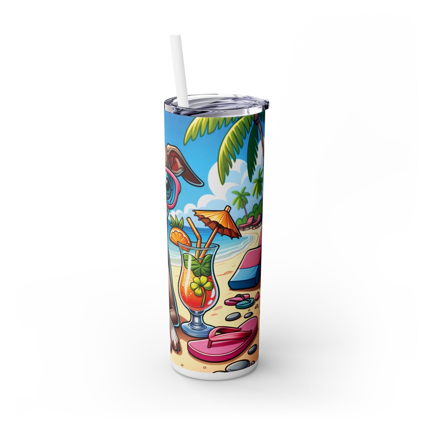 Skinny Tumbler with Straw, 20oz, Dog on Beach, Italian Greyhound, awd-1218