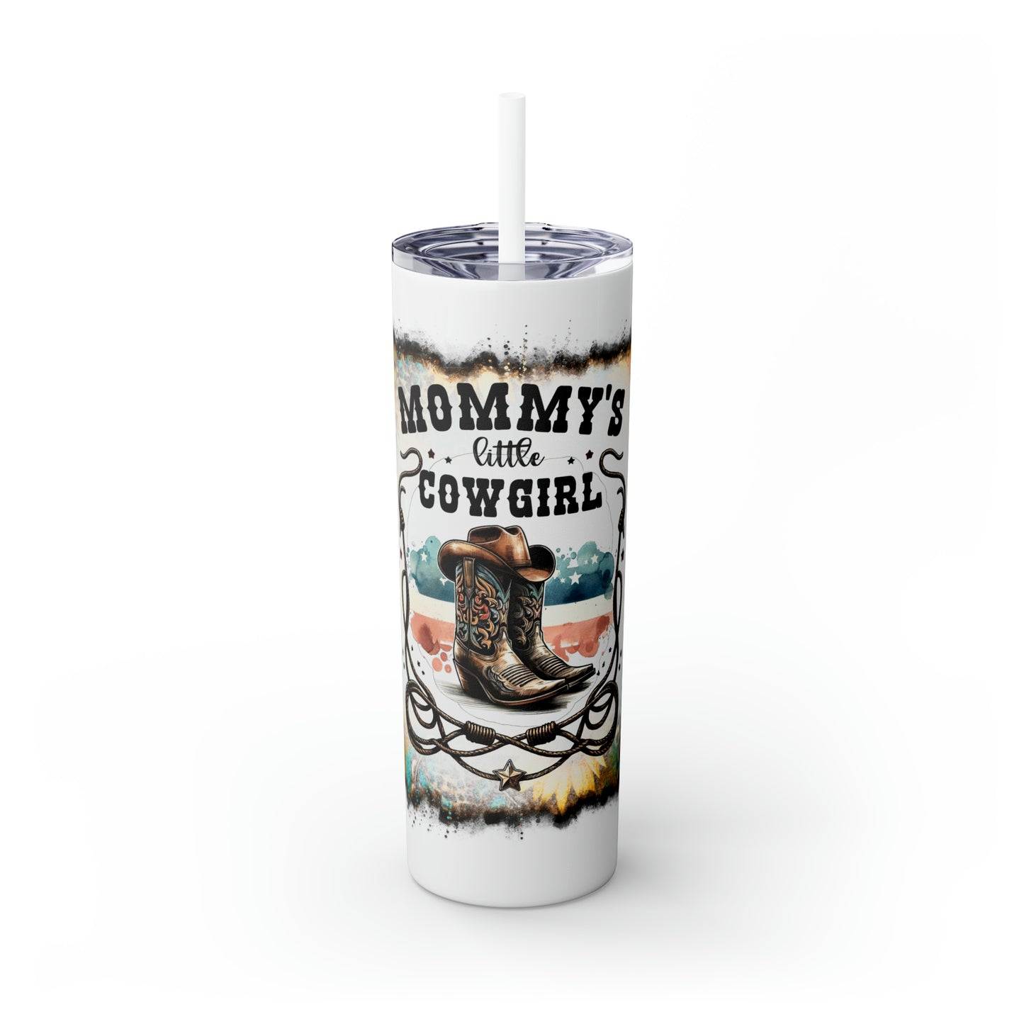 Skinny Tumbler with Straw, 20oz, Sunflowers, Western, Quote, Mommy's Little Cowgirl