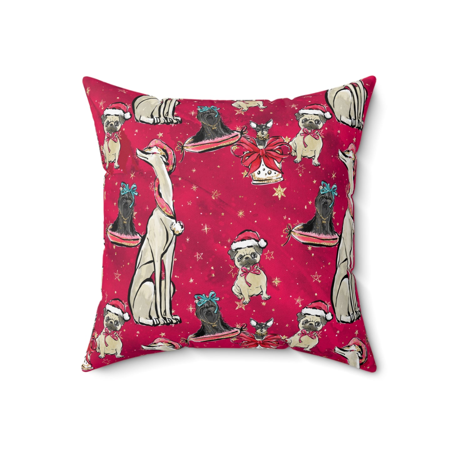 Spun Polyester Square Pillow, Red Doggie Blended Dog Family Christmas Cushion