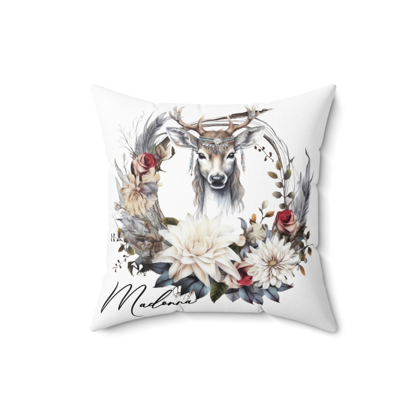 Personalised Boho Reindeer Wreath Cushion, Polyester Square Cushion, Christmas cushion