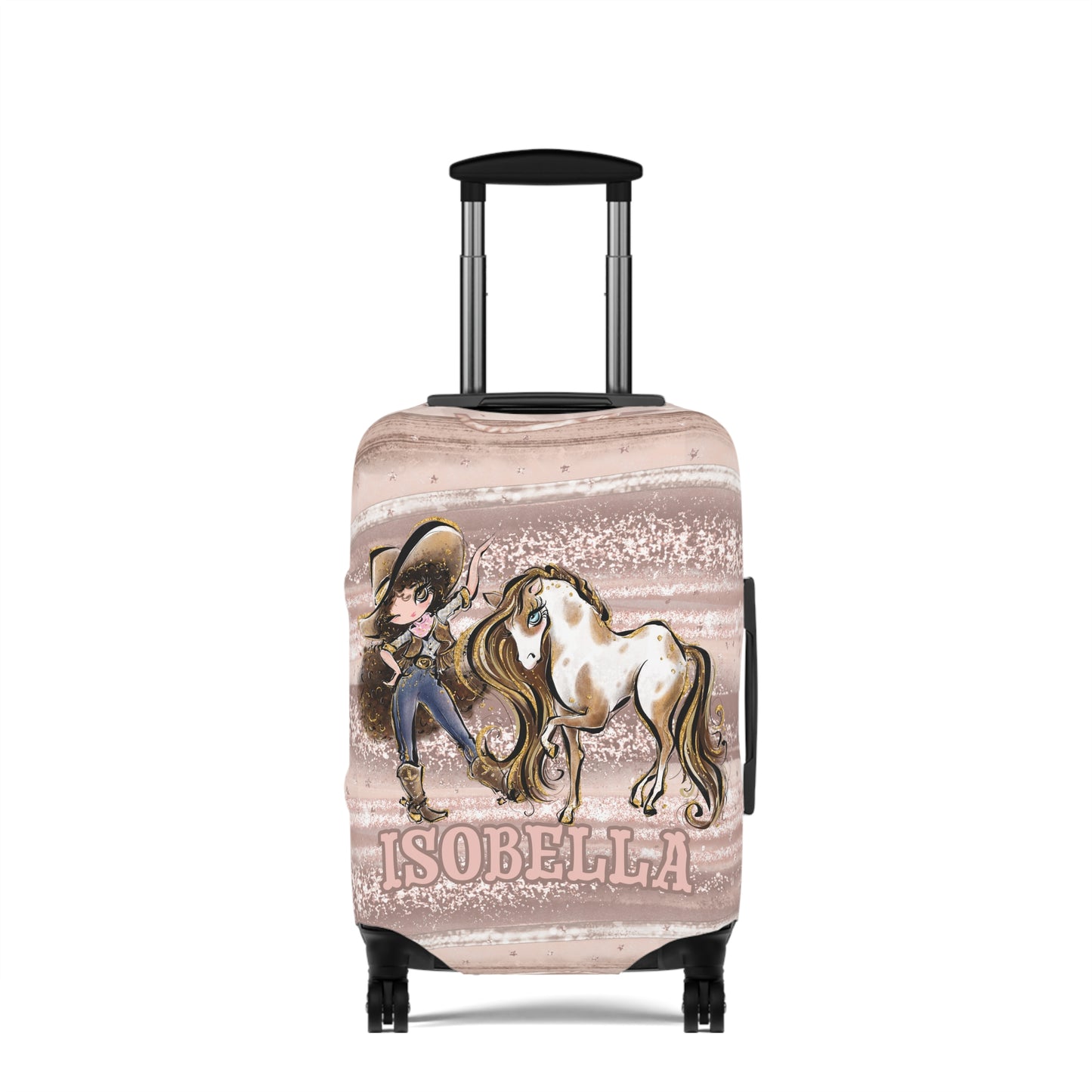 Luggage Cover, Howdy Cowgirl and Horse, Brunette Curly Hair Brown Eyes