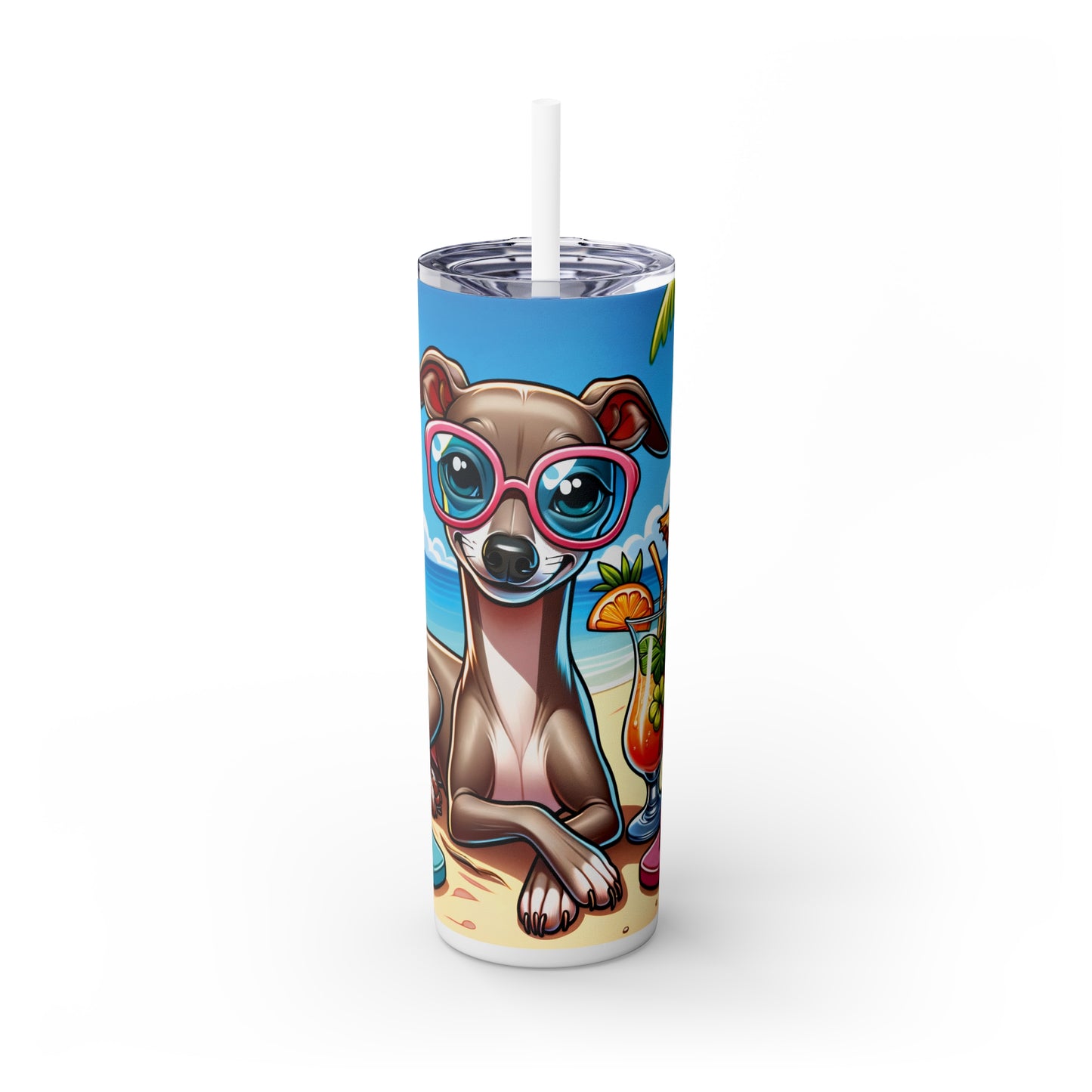 Skinny Tumbler with Straw, 20oz, Dog on Beach, Italian Greyhound, awd-1218