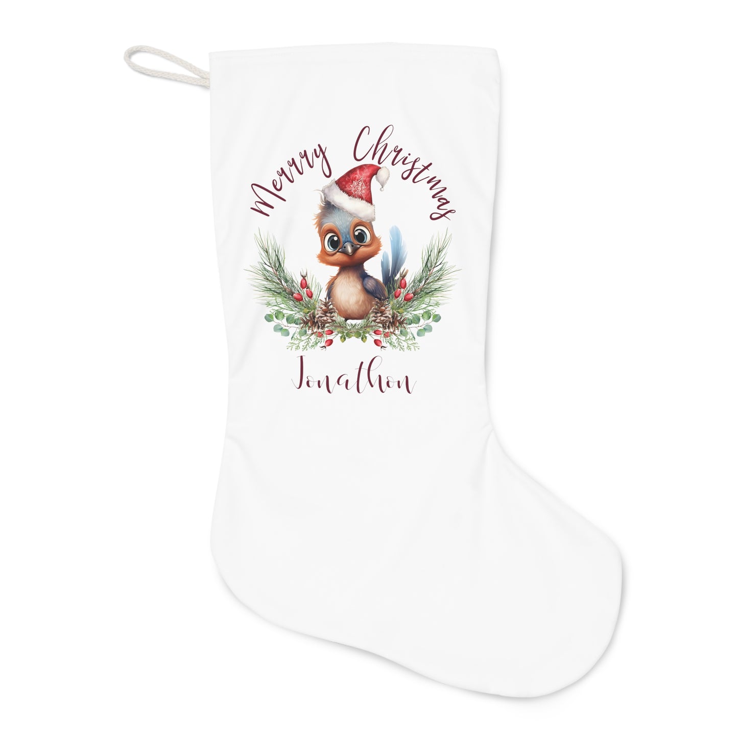 Personalised Santa Stocking, Australian Animals Poinsettia, Lyrebird