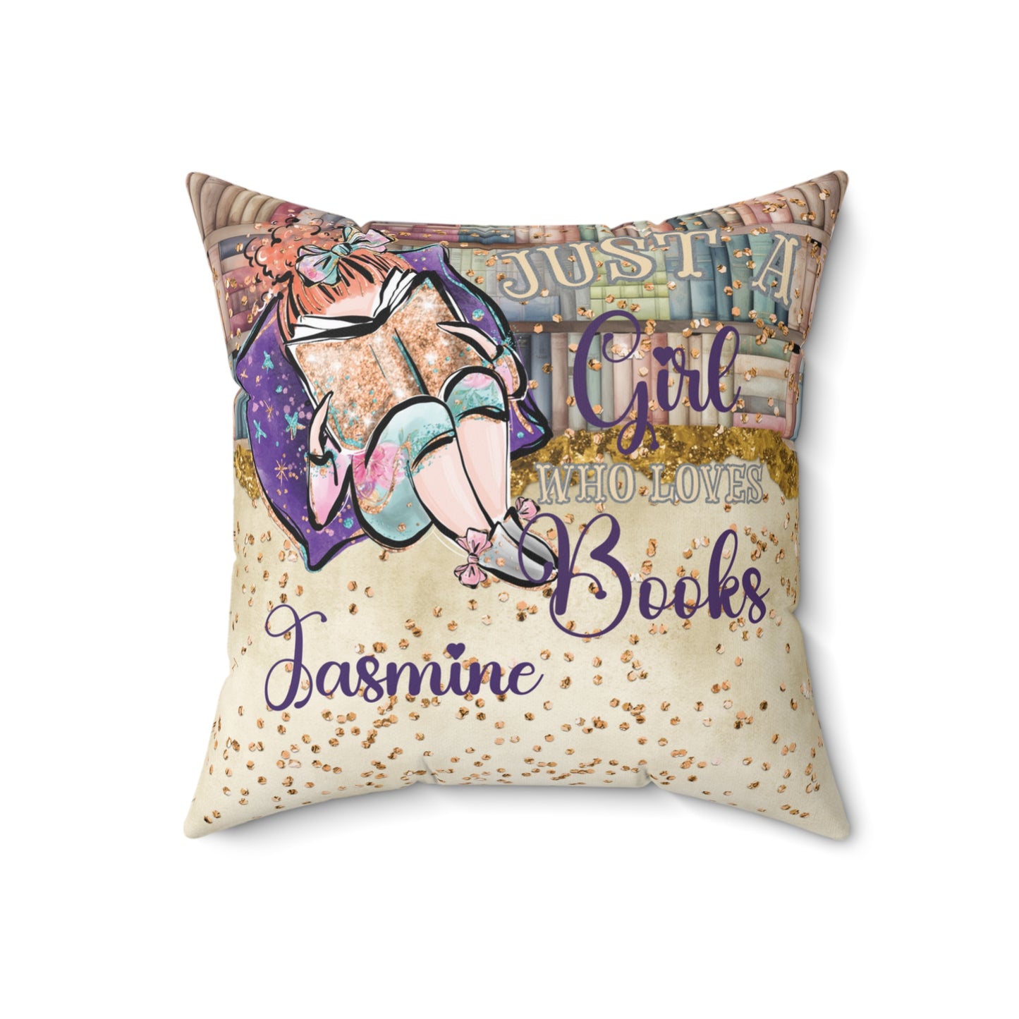 Polyester Square Pillow, Just a Girl who Loves Books, Red Hair