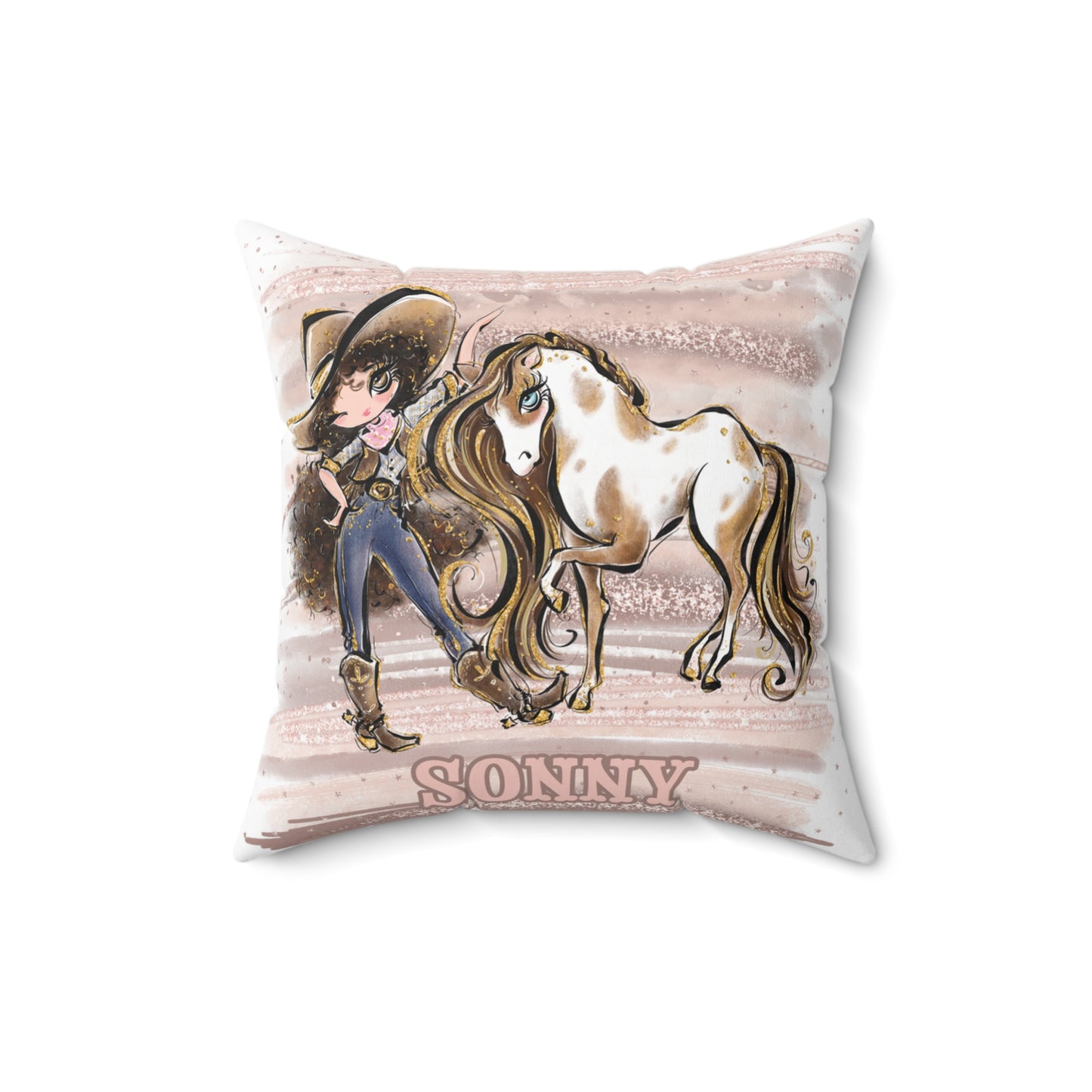 Personalised Cowgirl and Horse Cushion,  Brown Curly Hair, Brown Eyes, Polyester Square Cushion, Christmas cushion