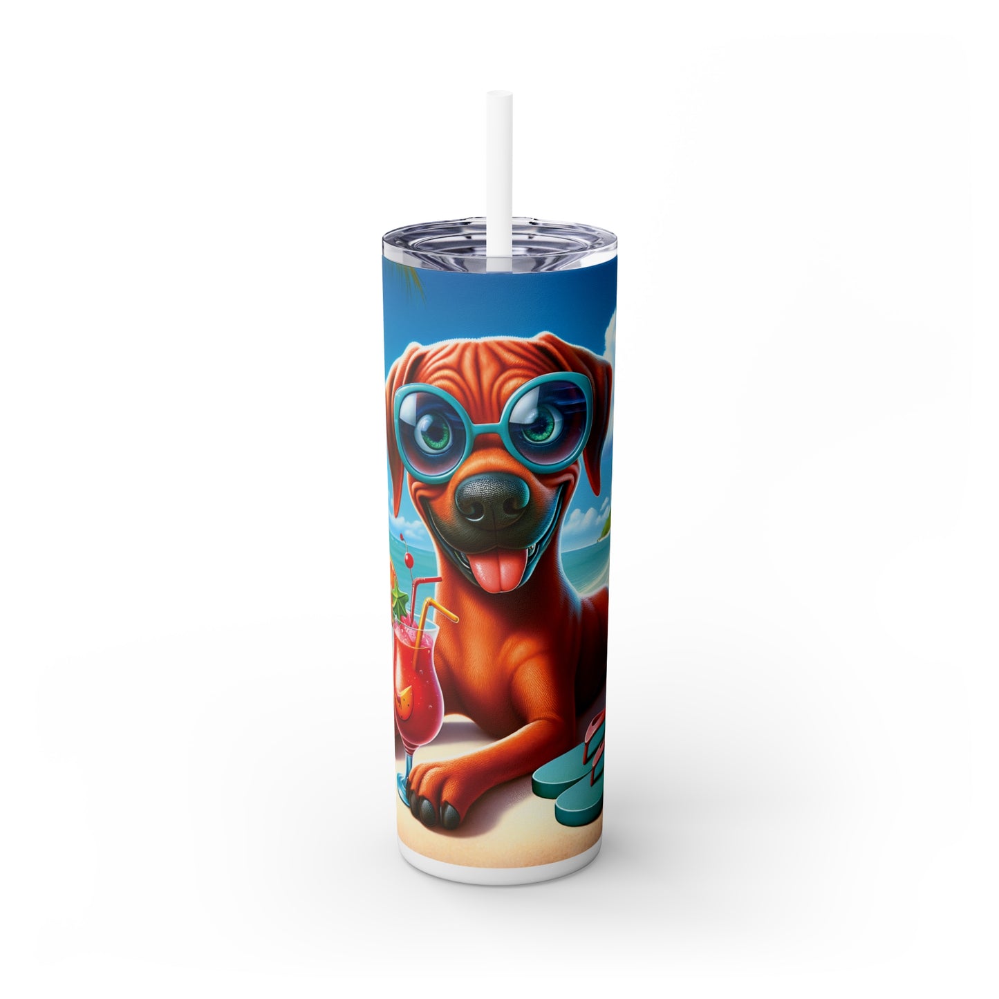 Skinny Tumbler with Straw, 20oz, Dog on Beach, Rhodesian Ridgeback, awd-1238