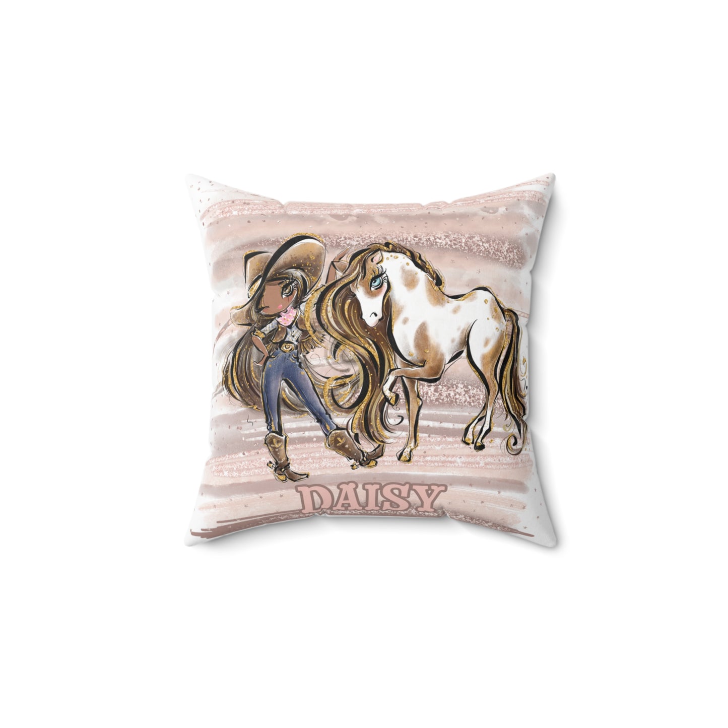 Personalised Cowgirl and Horse Cushion,  Brown Hair, Olive Skin, Brown Eyes, Polyester Square Cushion, Christmas cushion