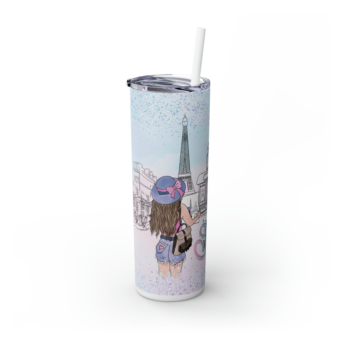 Skinny Tumbler with Straw, 20oz, Personalized, Paris, Just A Girl Who Loves Travelling