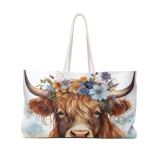 Personalised/Non-Personalised Weekender Bag, Highland Cow, Large Weekender Bag, Beach Bag, Book Bag