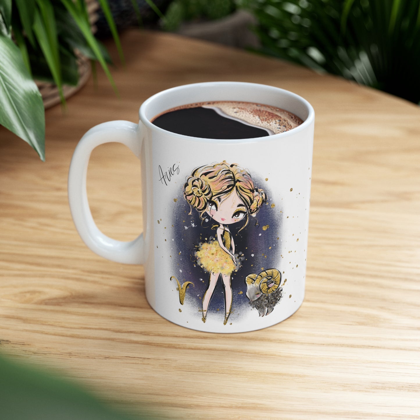 Personalised/Non Personalised Zodiac Sign, Aries, Ceramic Mug 11oz Blonde Hair - Brown Eyes