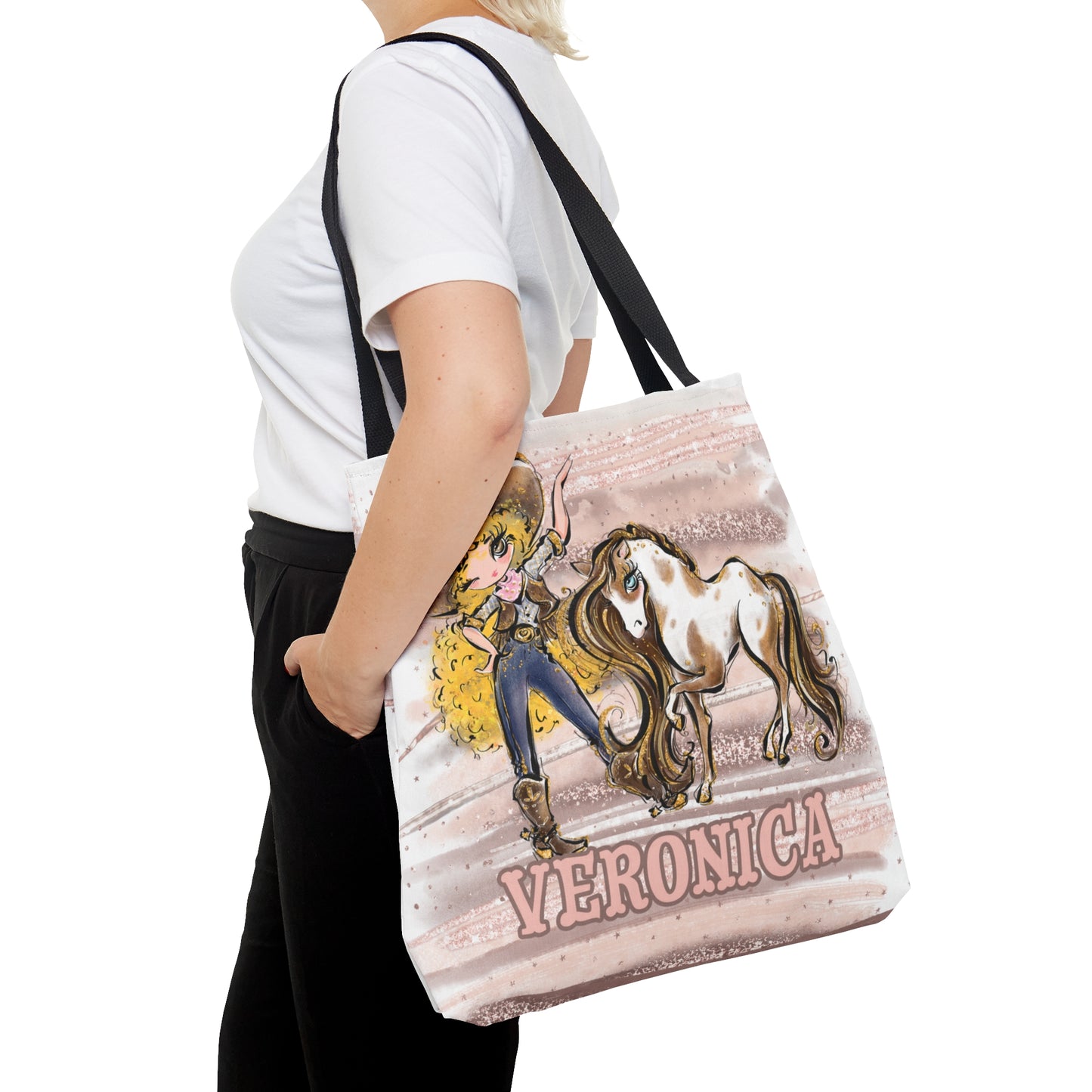 Personalised Tote Bag, Cowgirl & Horse, Blonde Curly Hair, Brown Eyes, Tote bag