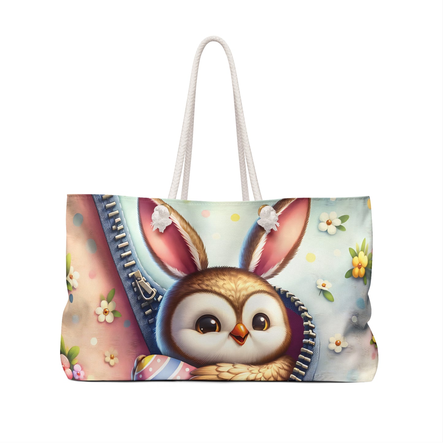 Personalised/Non-Personalised Weekender Bag, Easter, Cute Owl with Bunny Ears, Large Weekender Bag, Beach Bag, Book Bag