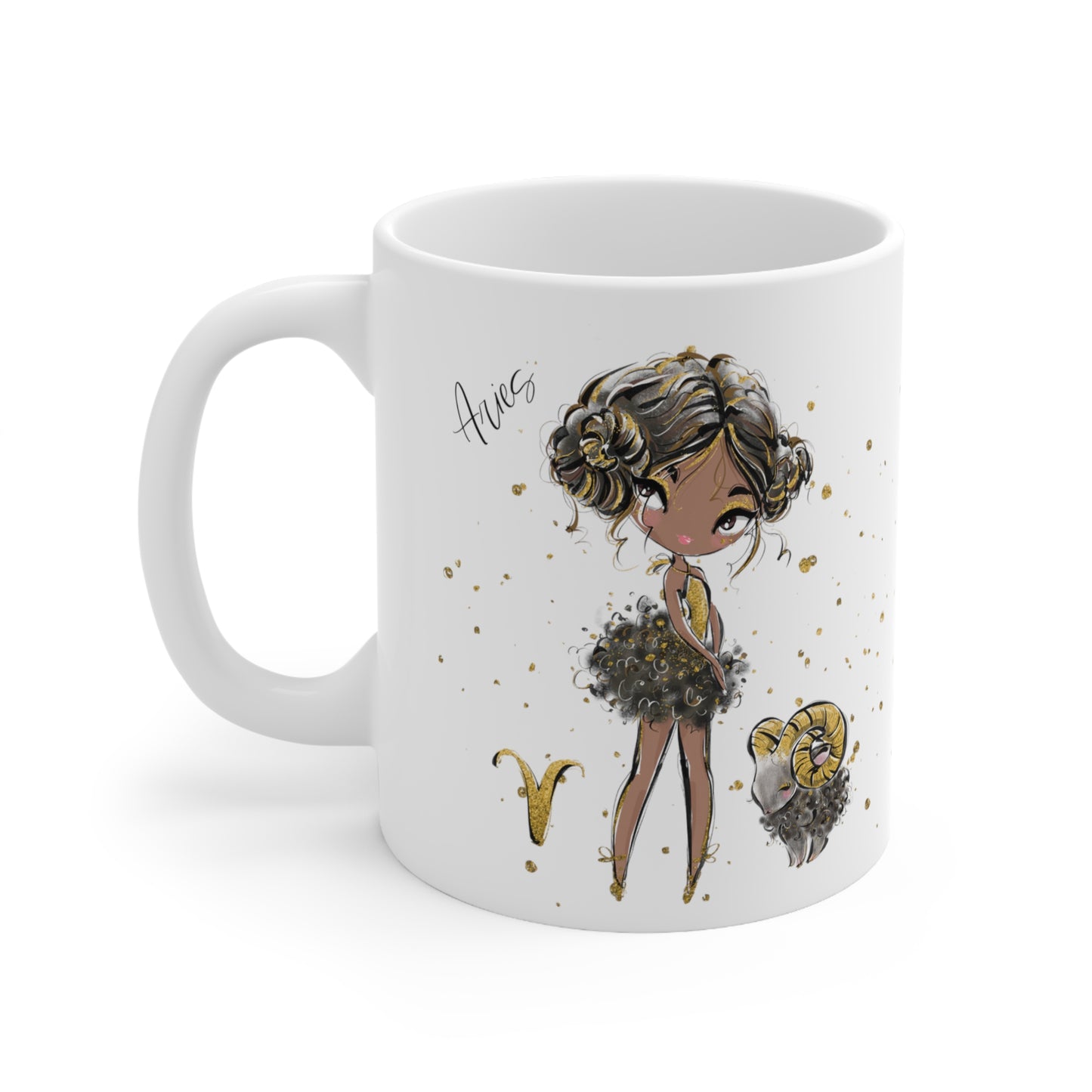 Personalised/Non Personalised Zodiac Sign, Aries, Ceramic Mug 11oz Brunette Hair - Olive Skin - Brown Eyes