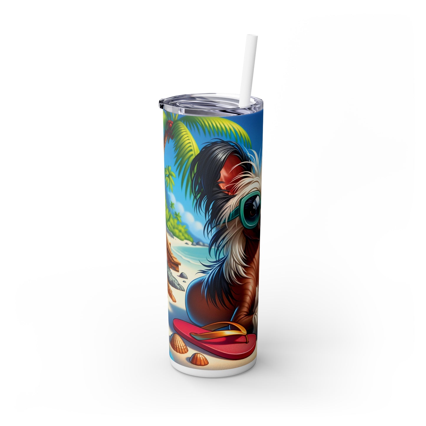 Skinny Tumbler with Straw, 20oz, Dog on Beach, Chinese Crested, awd-1206