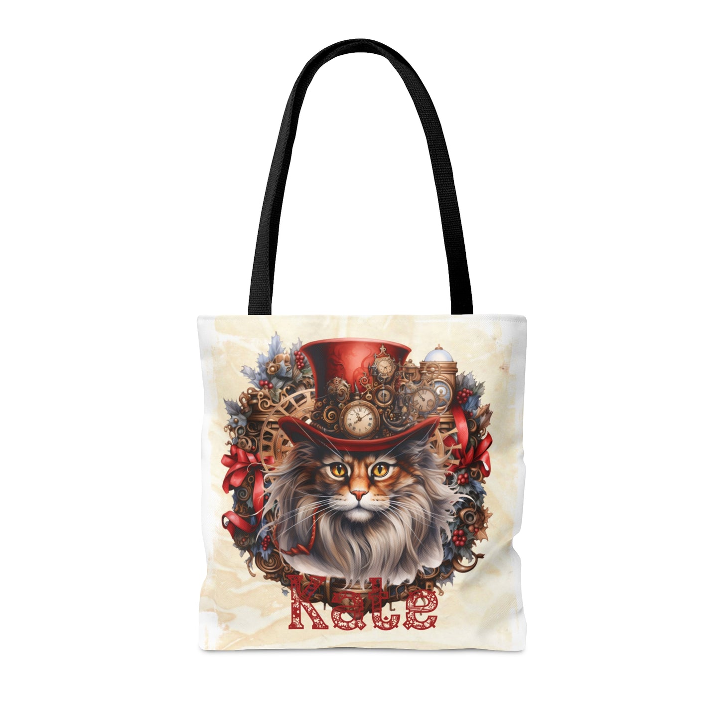 Steampunk Cat wreath Personalised Tote Bag, Steampunk Christmas bag, Christmas Tote Bag, Personalised/Non-Personalised