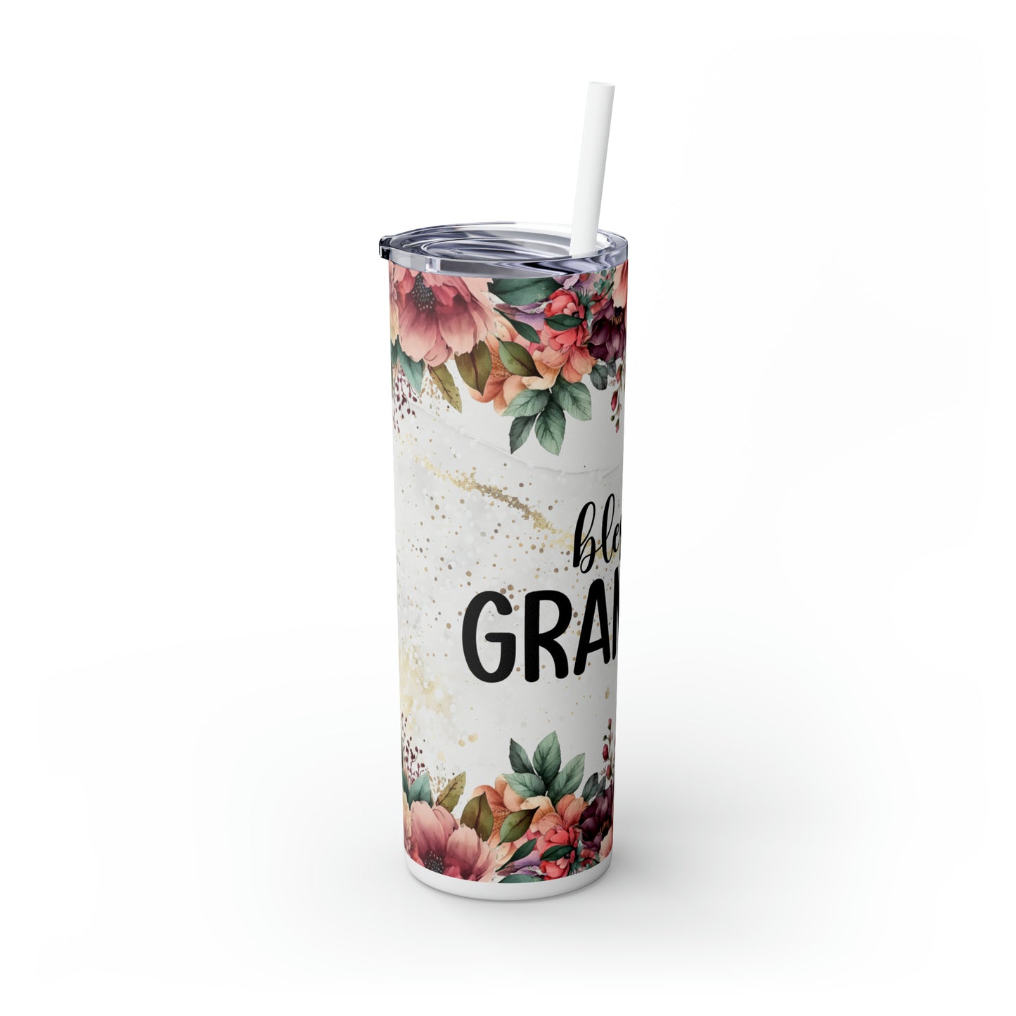 Skinny Tumbler with Straw, 20oz, Floral, Quote, Blessed Grandma, awd-730