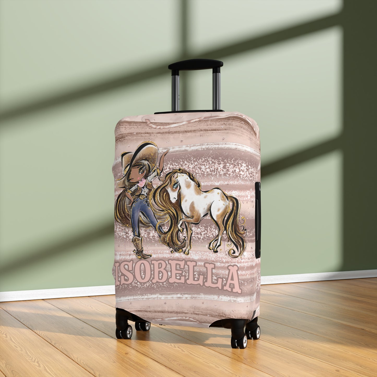 Luggage Cover, Howdy Cowgirl and Horse, Brunette Hair Olive Skin Brown Eyes