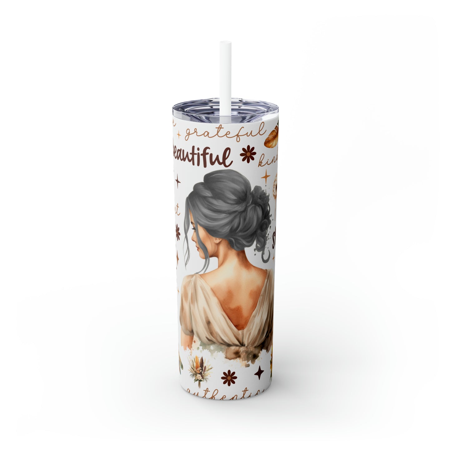 Skinny Tumbler with Straw, 20oz, Affirmation, Woman Silver Hair, awd-505