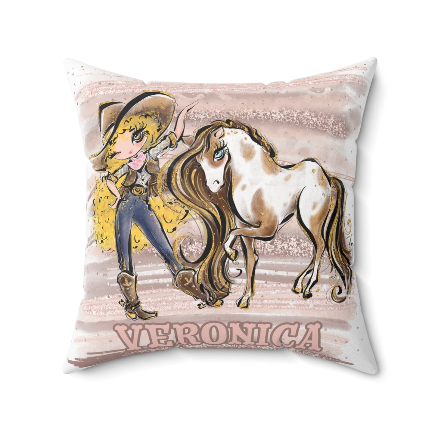 Personalised Cowgirl and Horse Cushion,  Blonde Curly Hair, Brown Eyes, Polyester Square Cushion, Christmas cushion