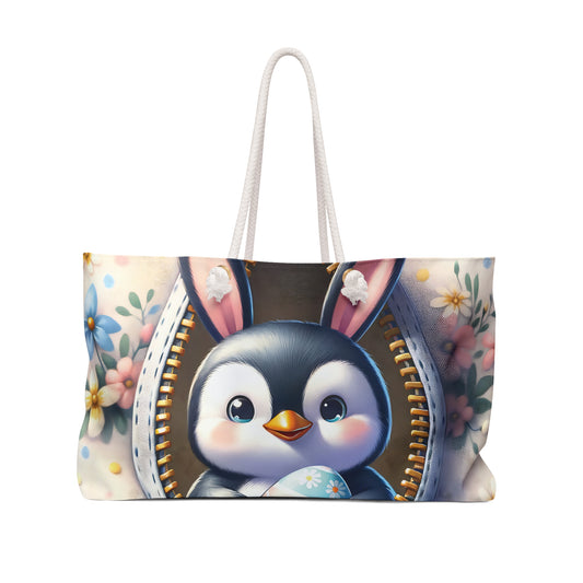 Personalised/Non-Personalised Weekender Bag, Easter, Cute Penguin with Bunny Ears, Large Weekender Bag, Beach Bag, Book Bag