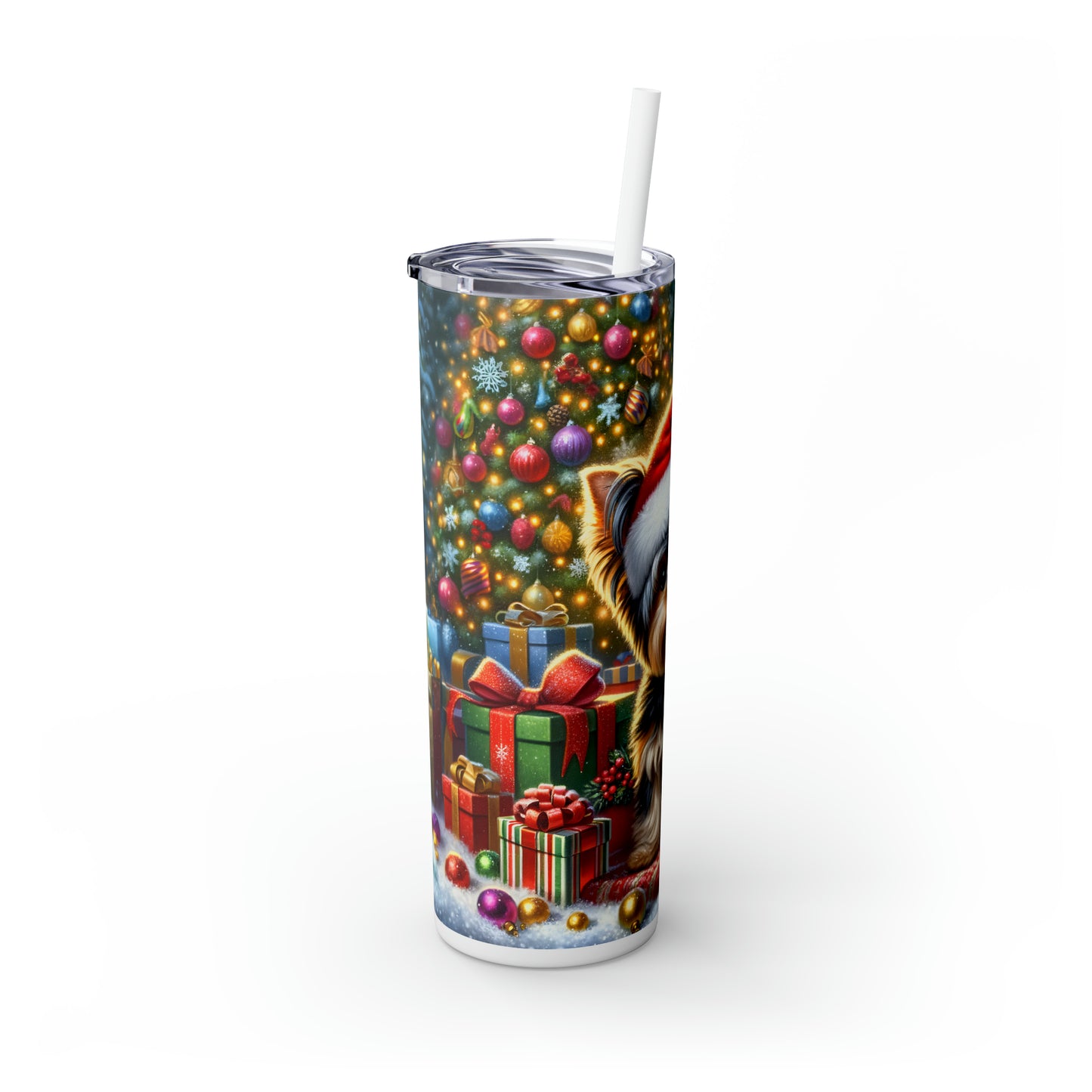 Skinny Tumbler with Straw, 20oz, Christmas Yorkshire Terrier