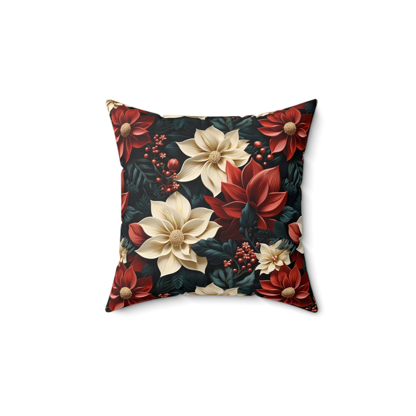 Spun Polyester Square Pillow, Poinsettia Floral Cushion