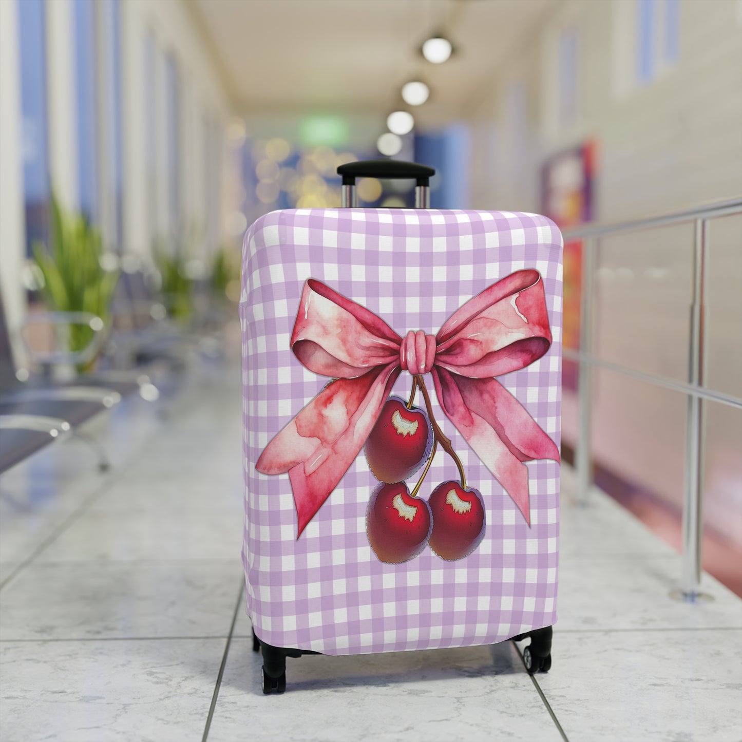 Luggage Cover, Rockabilly, Coquette, Pastel Dark Purple Gingham, Cherries and Ribbon, awd-2515