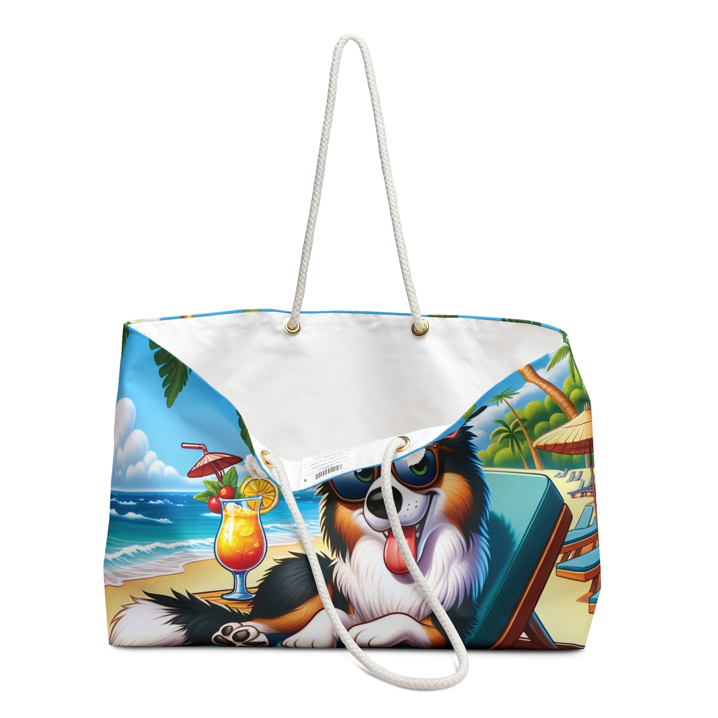 Personalised/Non-Personalised Weekender Bag, Summer Beach Dog, Border Collie, Large Weekender Bag, Beach Bag, Book Bag