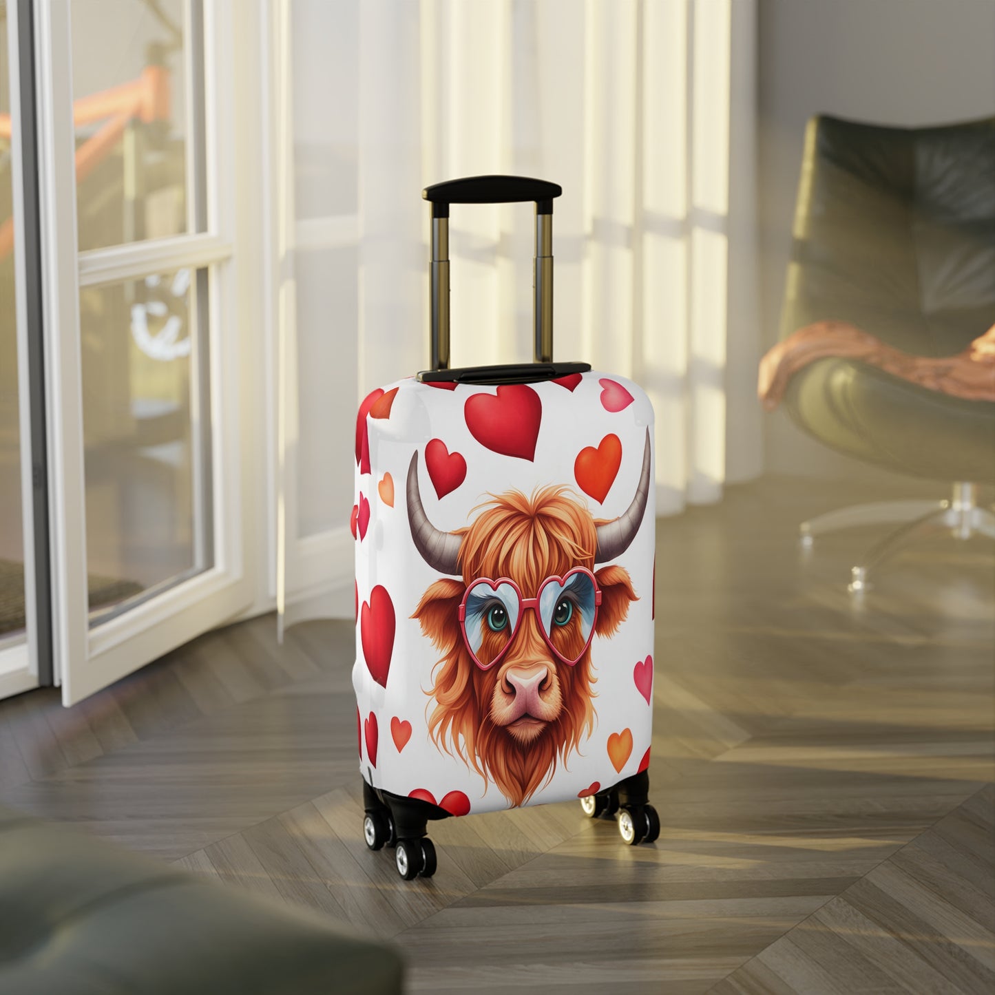 Luggage Cover, Highland Cow, Hearts, awd-239