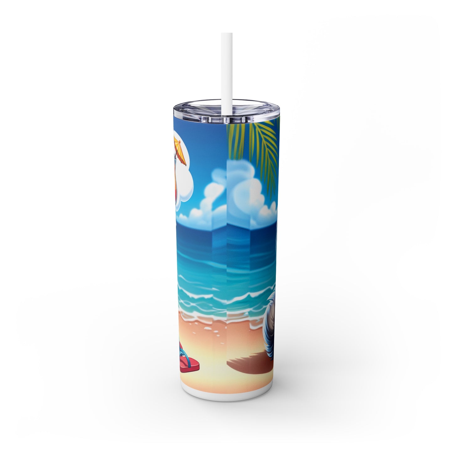 Skinny Tumbler with Straw, 20oz, Dog on Beach, American Eskimo, awd-1115