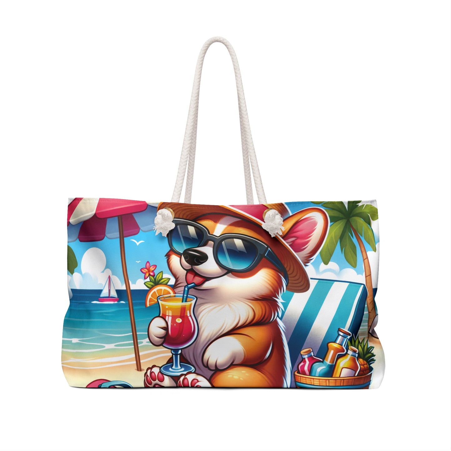 Personalised/Non-Personalised Weekender Bag, Summer Beach Dog, Corgi, Large Weekender Bag, Beach Bag, Book Bag