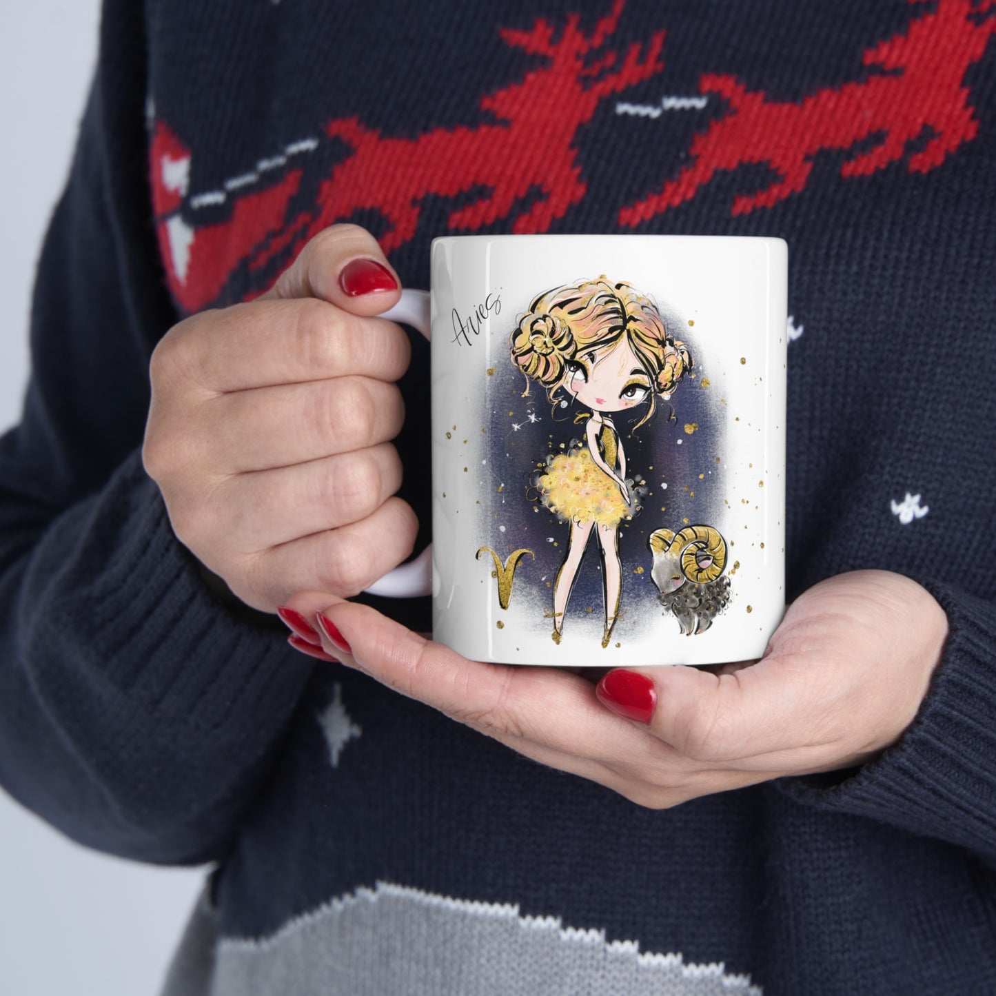 Personalised/Non Personalised Zodiac Sign, Aries, Ceramic Mug 11oz Blonde Hair - Brown Eyes