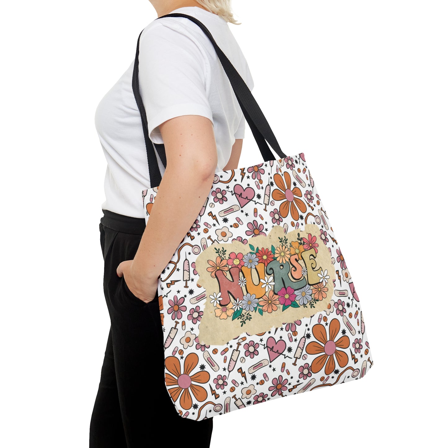 Tote Bag, Retro flowers Nurse bag, Medical Background, Retro Floral Tote Bag Nurse Tote Bag