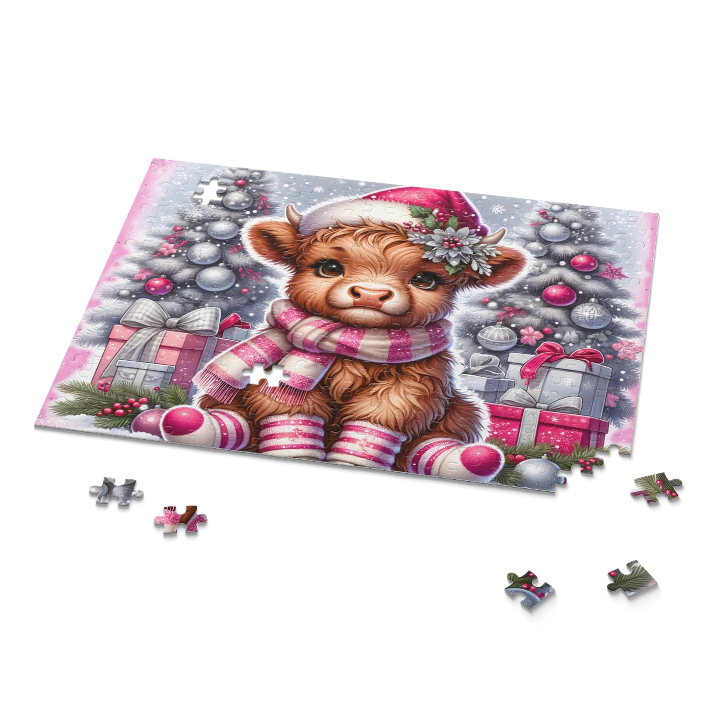 Personalised/Non-Personalised Puzzle, Christmas, Highland Cow (120, 252, 500-Piece)