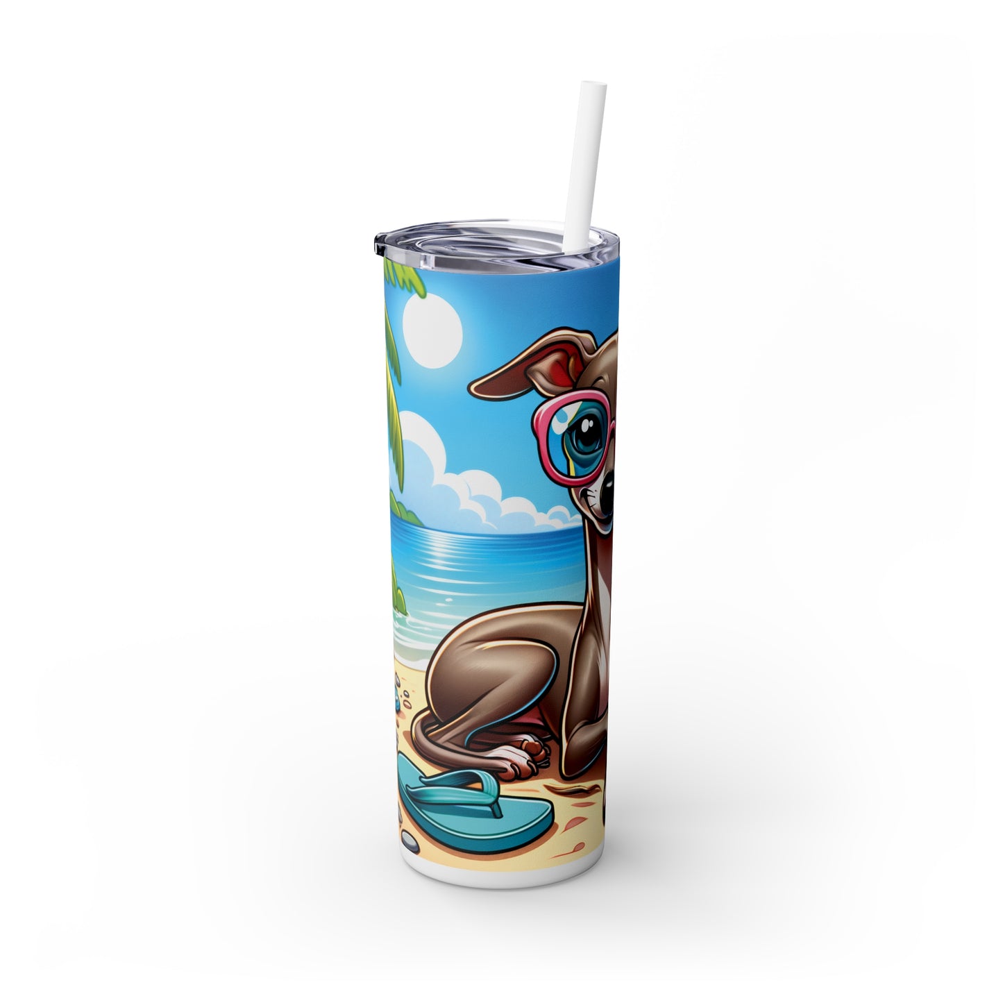 Skinny Tumbler with Straw, 20oz, Dog on Beach, Italian Greyhound, awd-1218