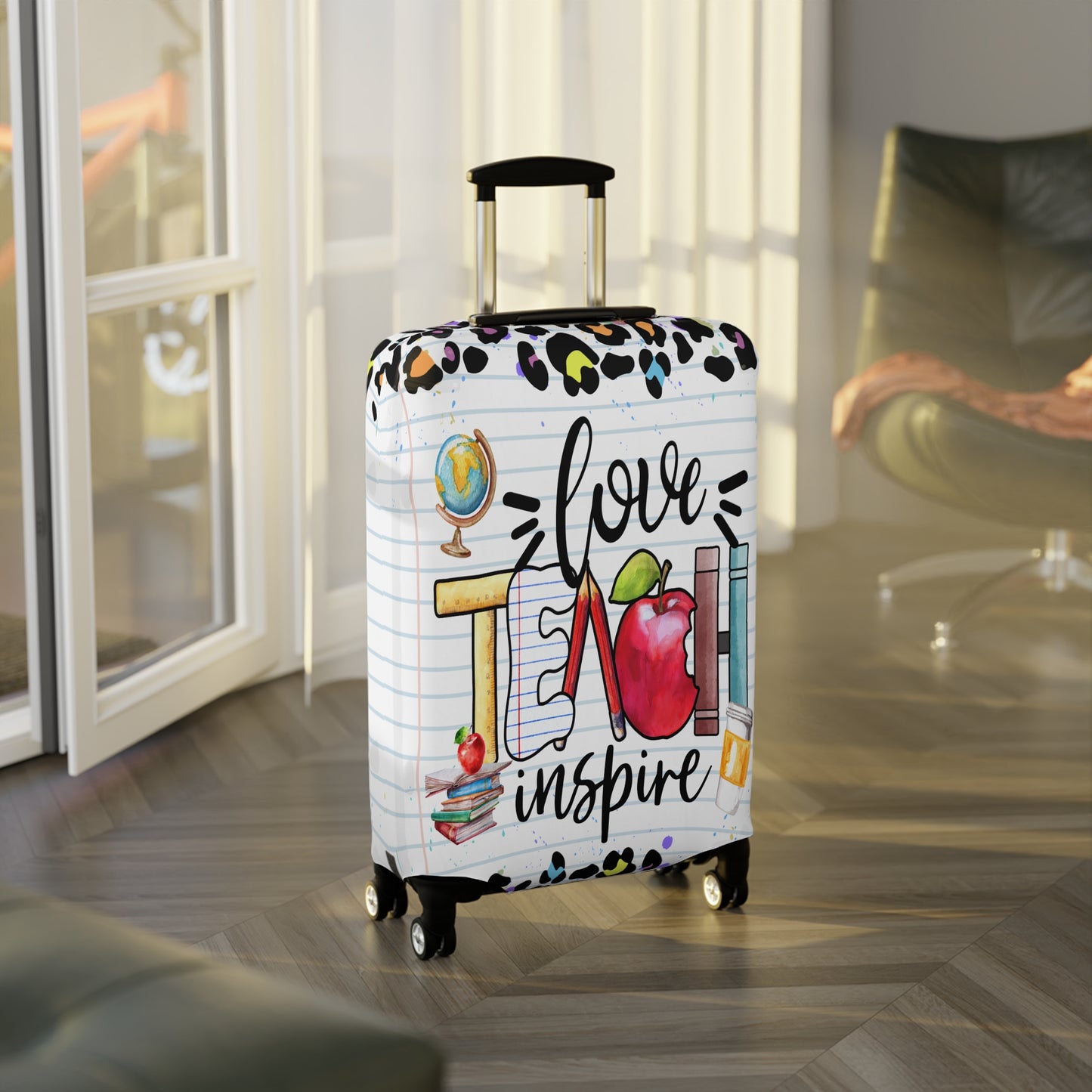 Luggage Cover, Teacher, Leopard Print, Teach, Love, Inspire, awd-1698