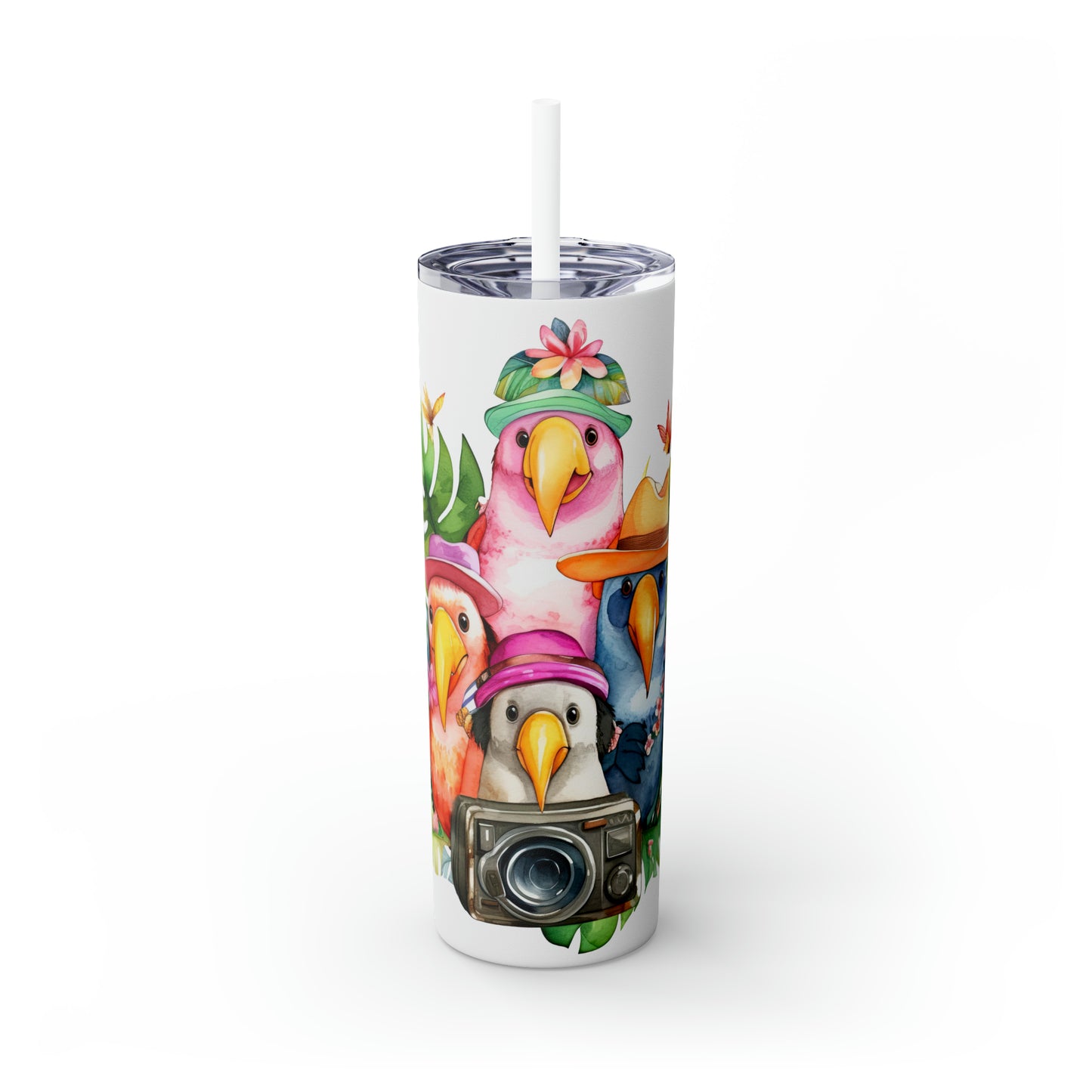 Skinny Tumbler with Straw, 20oz, Tropical Birds