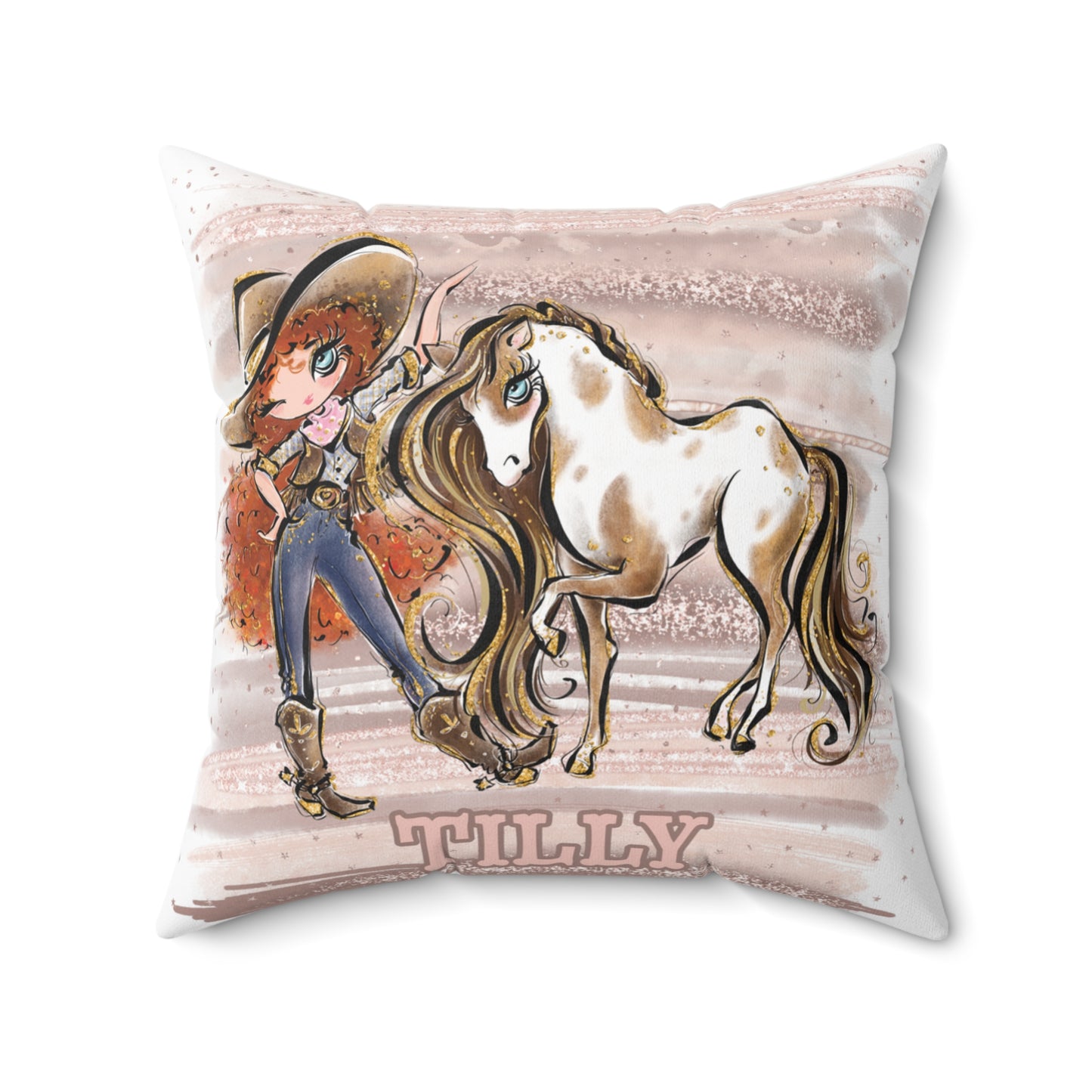 Personalised Cowgirl and Horse Cushion,  Red Curly Hair, Blue Eyes, Polyester Square Cushion, Christmas cushion