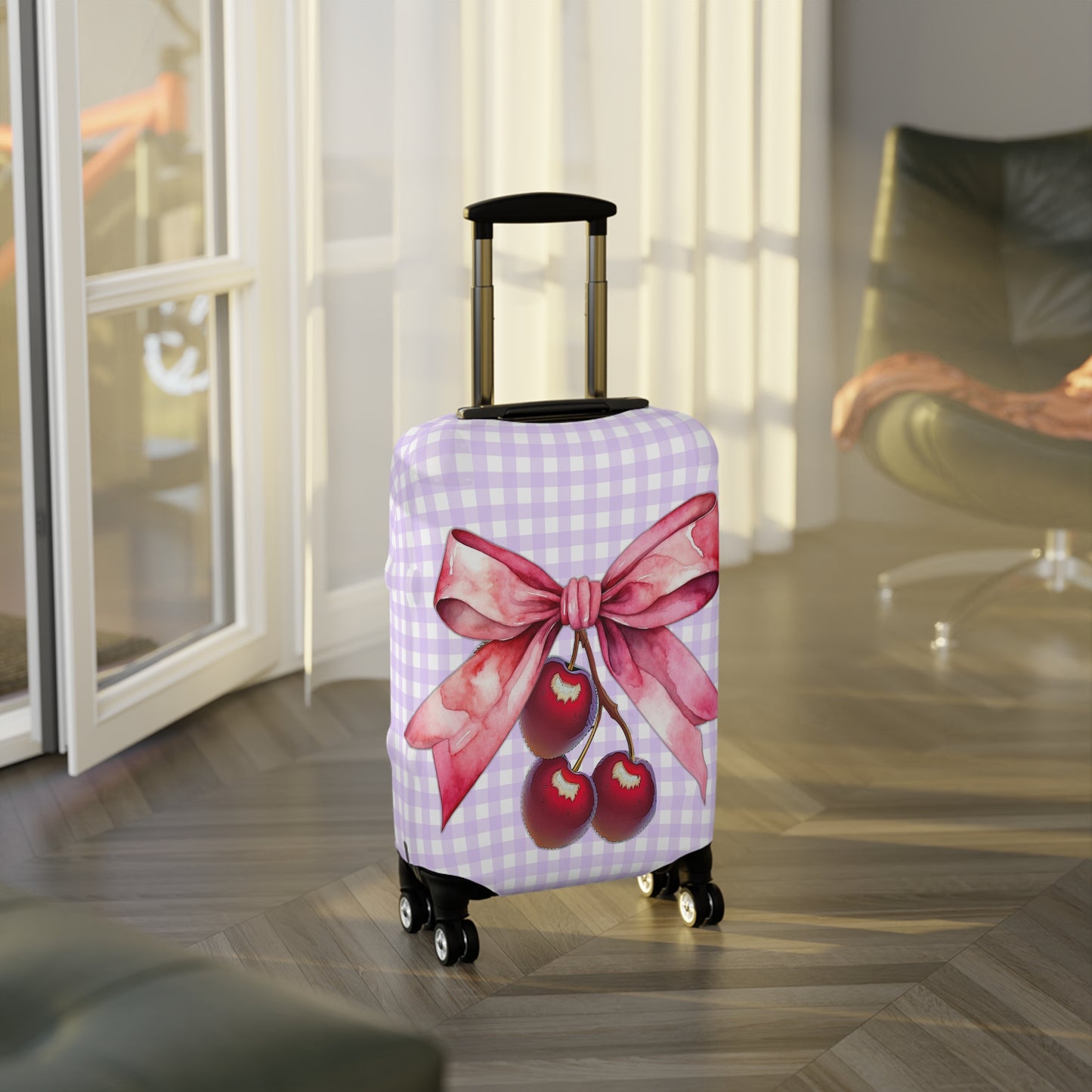 Luggage Cover, Rockabilly, Coquette, Pastel Purple Gingham, Cherries and Ribbon, awd-2512