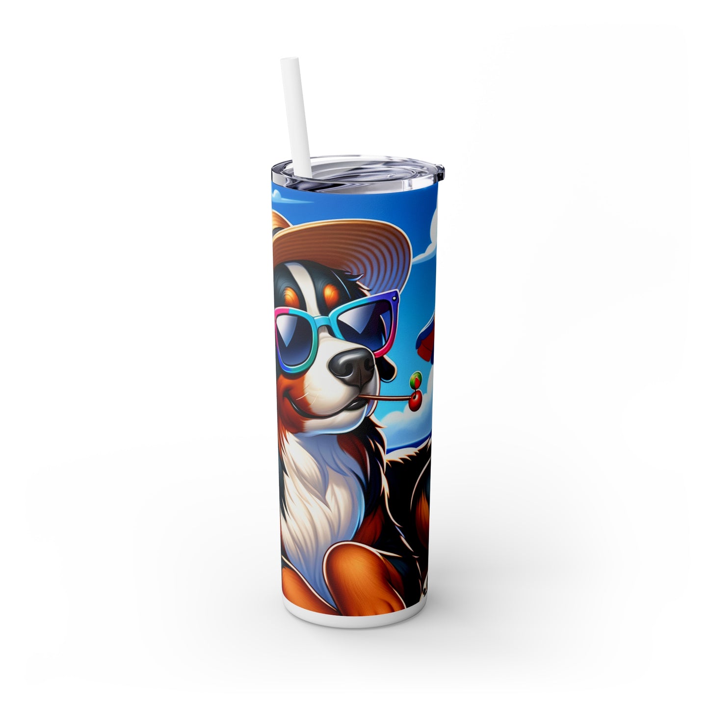 Skinny Tumbler with Straw, 20oz, Dog on Beach, Bernese Mountain, awd-1108