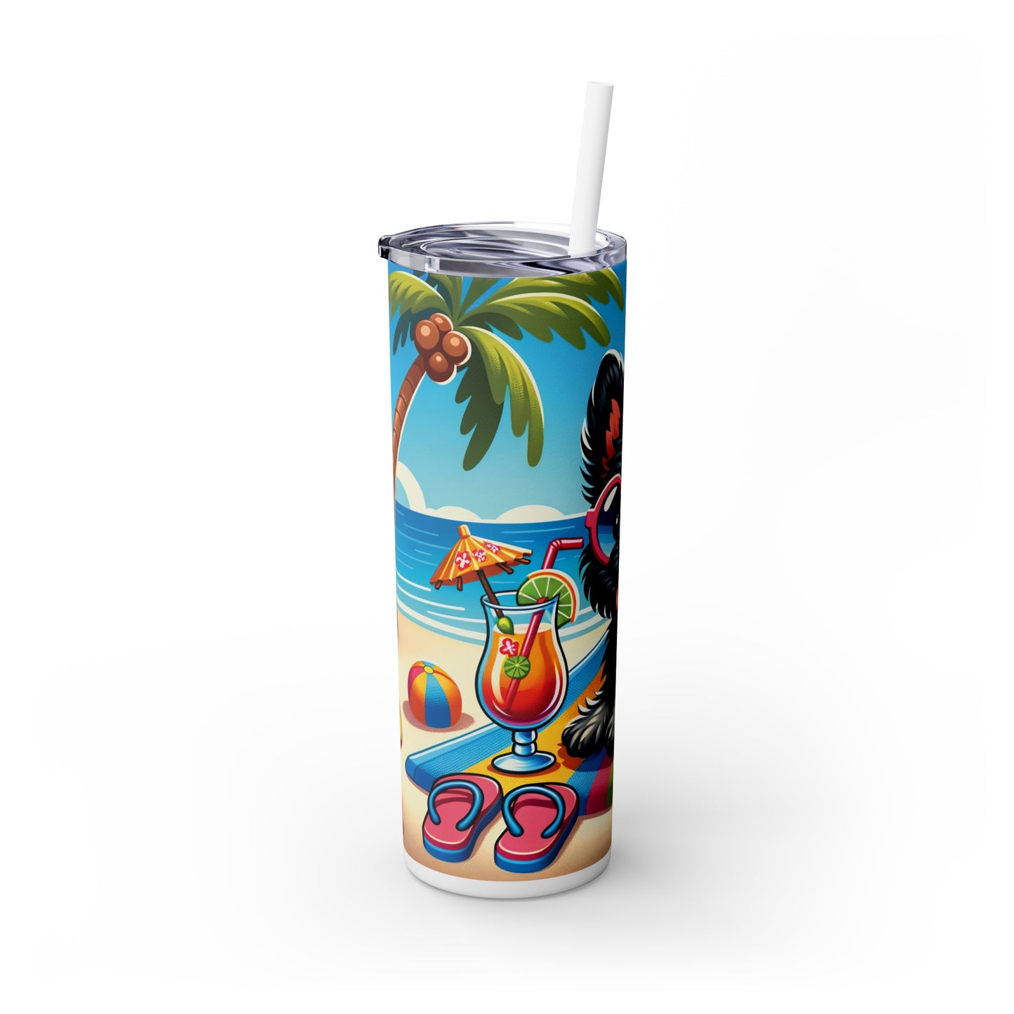 Skinny Tumbler with Straw, 20oz, Dog on Beach, Affenpinscher, awd-1174