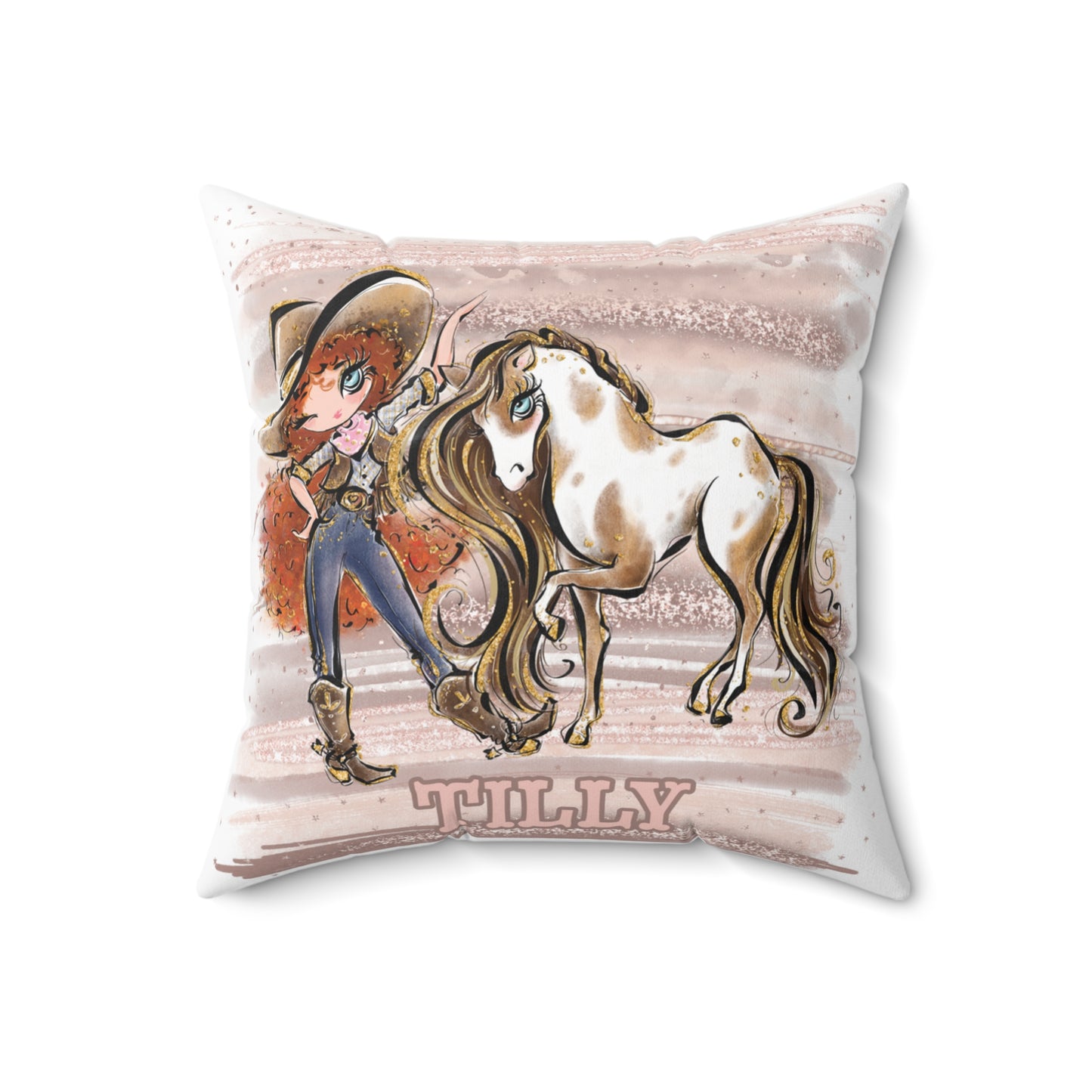 Personalised Cowgirl and Horse Cushion,  Red Curly Hair, Blue Eyes, Polyester Square Cushion, Christmas cushion