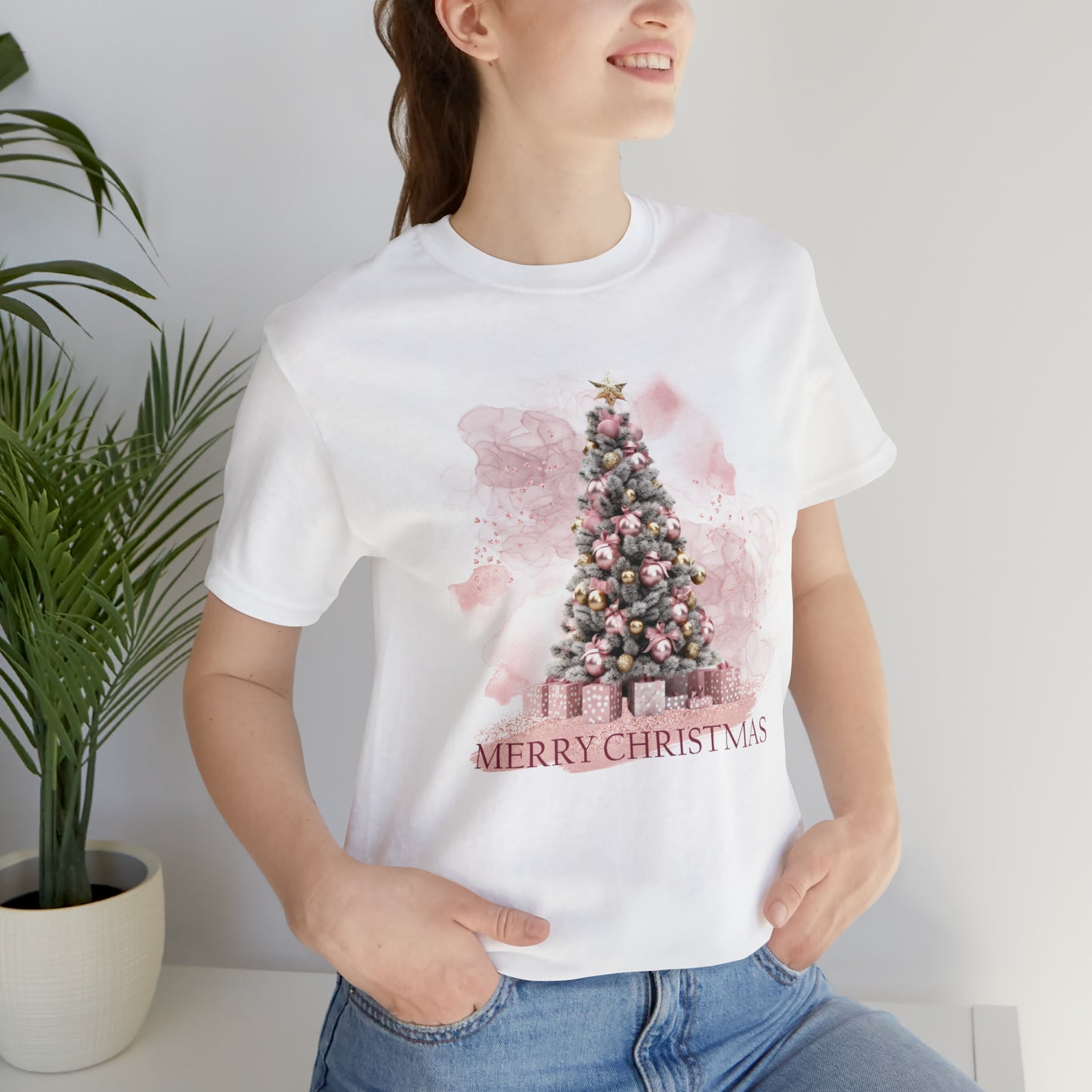 Unisex Adults Jersey Short Sleeve Tee Pink Christmas, Christmas Tree, Christmas TShirt