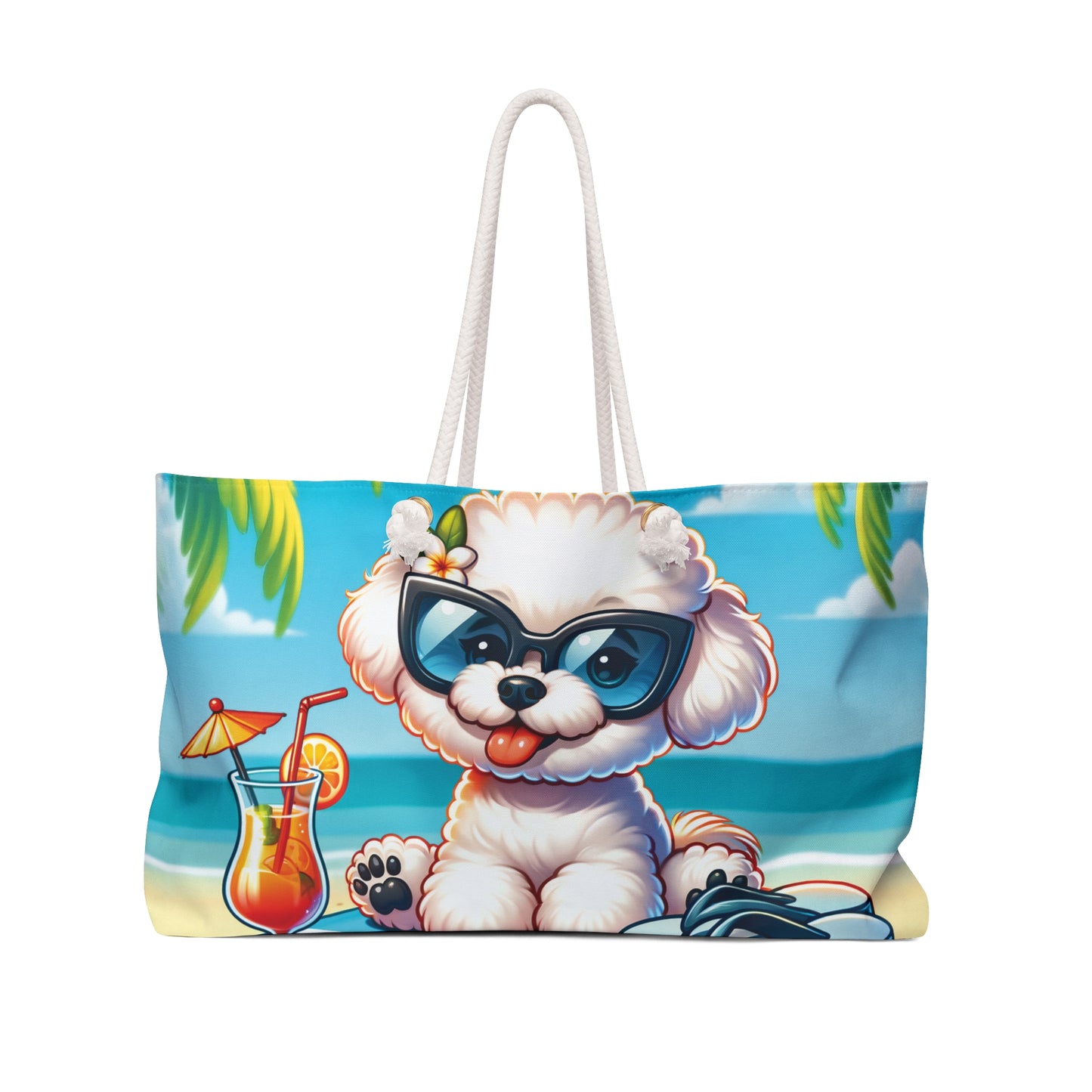 Personalised/Non-Personalised Weekender Bag, Summer Beach Dog, Bichon Frise, Large Weekender Bag, Beach Bag, Book Bag