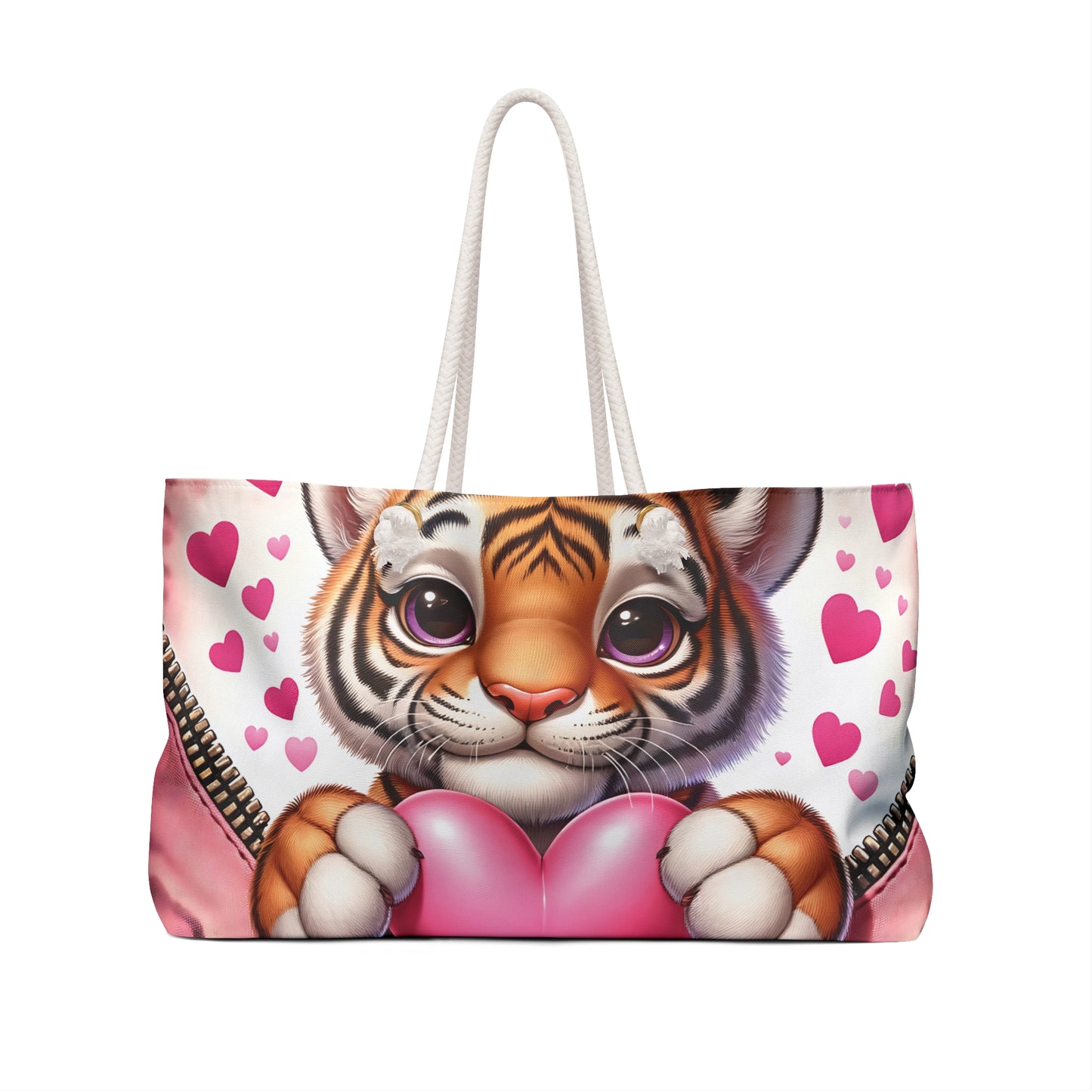 Personalised/Non-Personalised Weekender Bag, Cute Tiger, Zipper, Valentines Day, Large Weekender Bag, Beach Bag, Book Bag