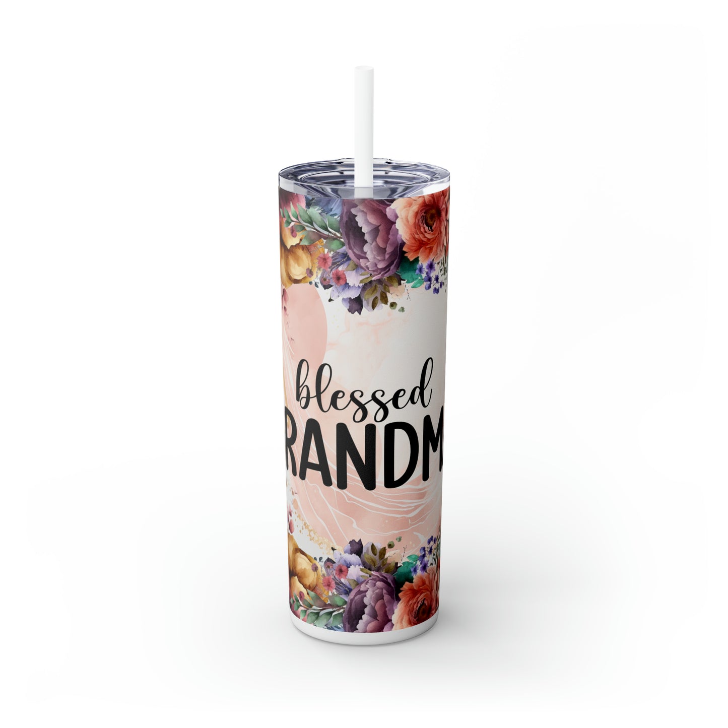 Skinny Tumbler with Straw, 20oz, Floral, Quote, Blessed Grandma, awd-728