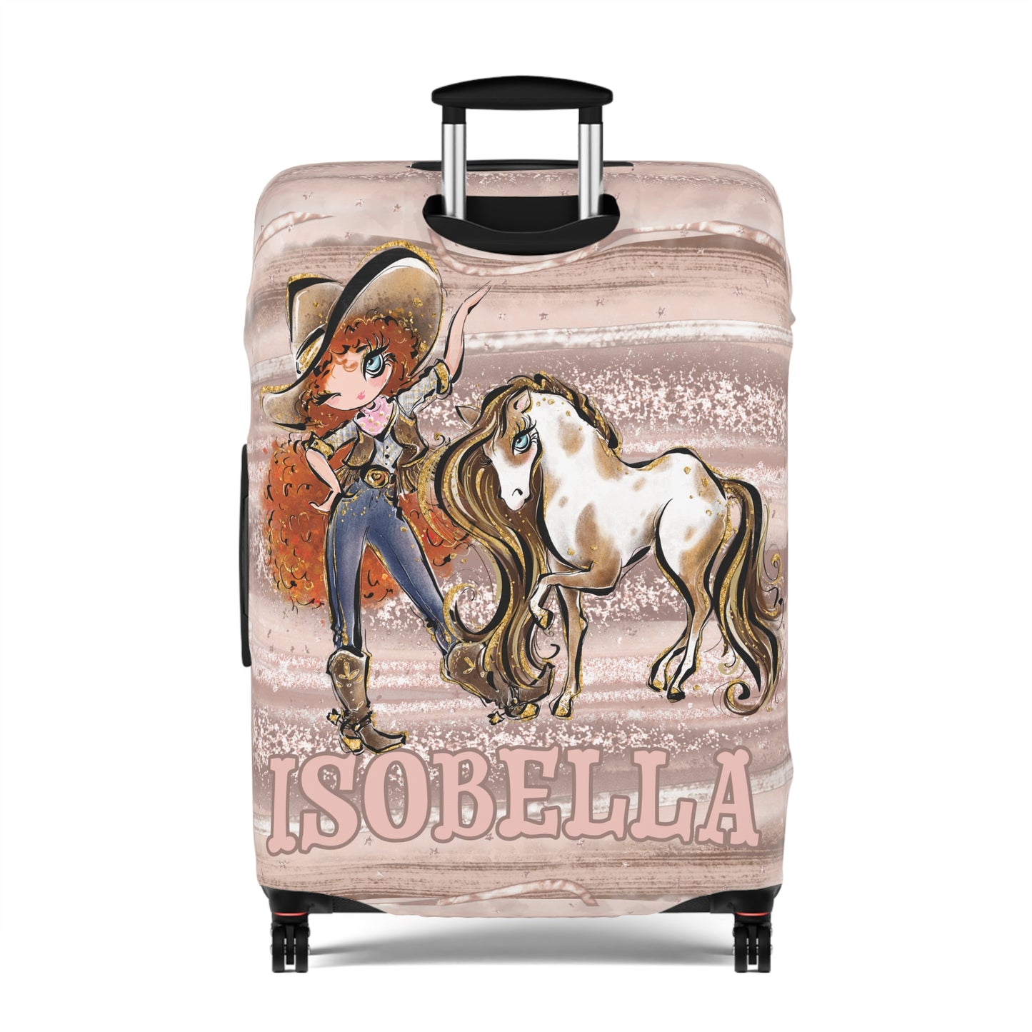 Luggage Cover, Howdy Cowgirl and Horse, Red Curly Hair Blue Eyes